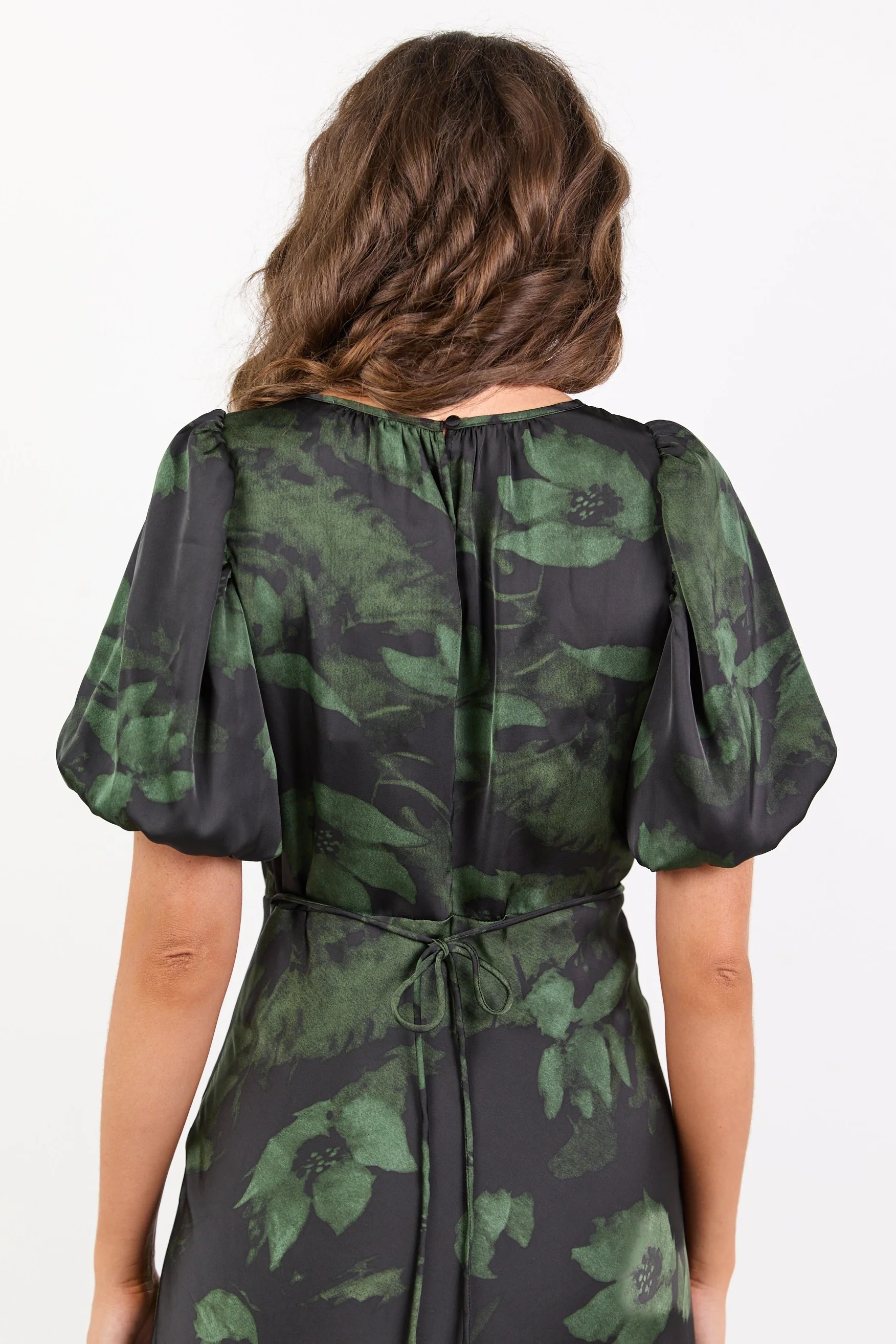 Stage Green Shadow Garden Satin Puff Sleeve Floaty Maxi Dress - Image 7