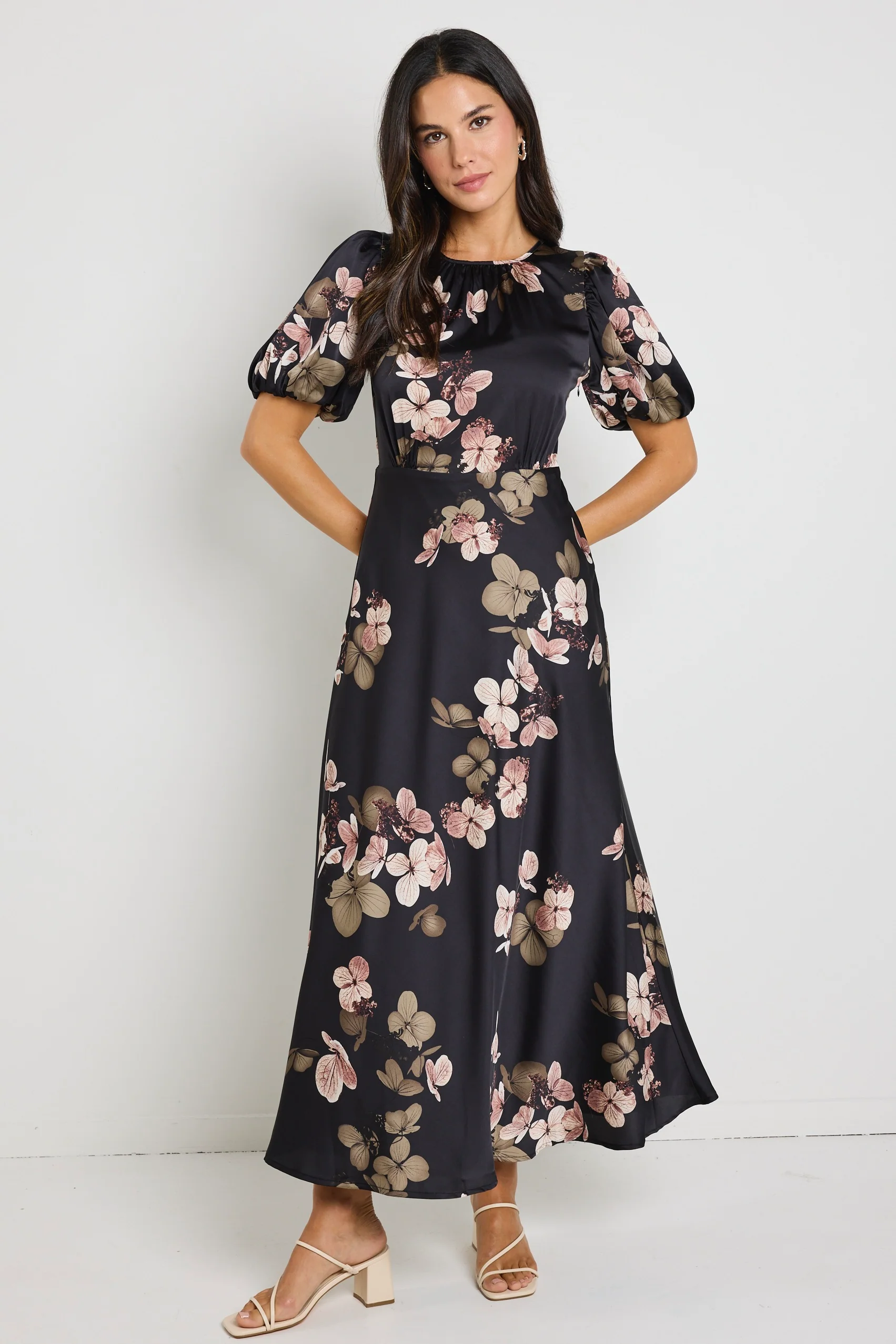 Stage Black Floral Satin Puff Sleeve Floaty Maxi Dress - Image 2