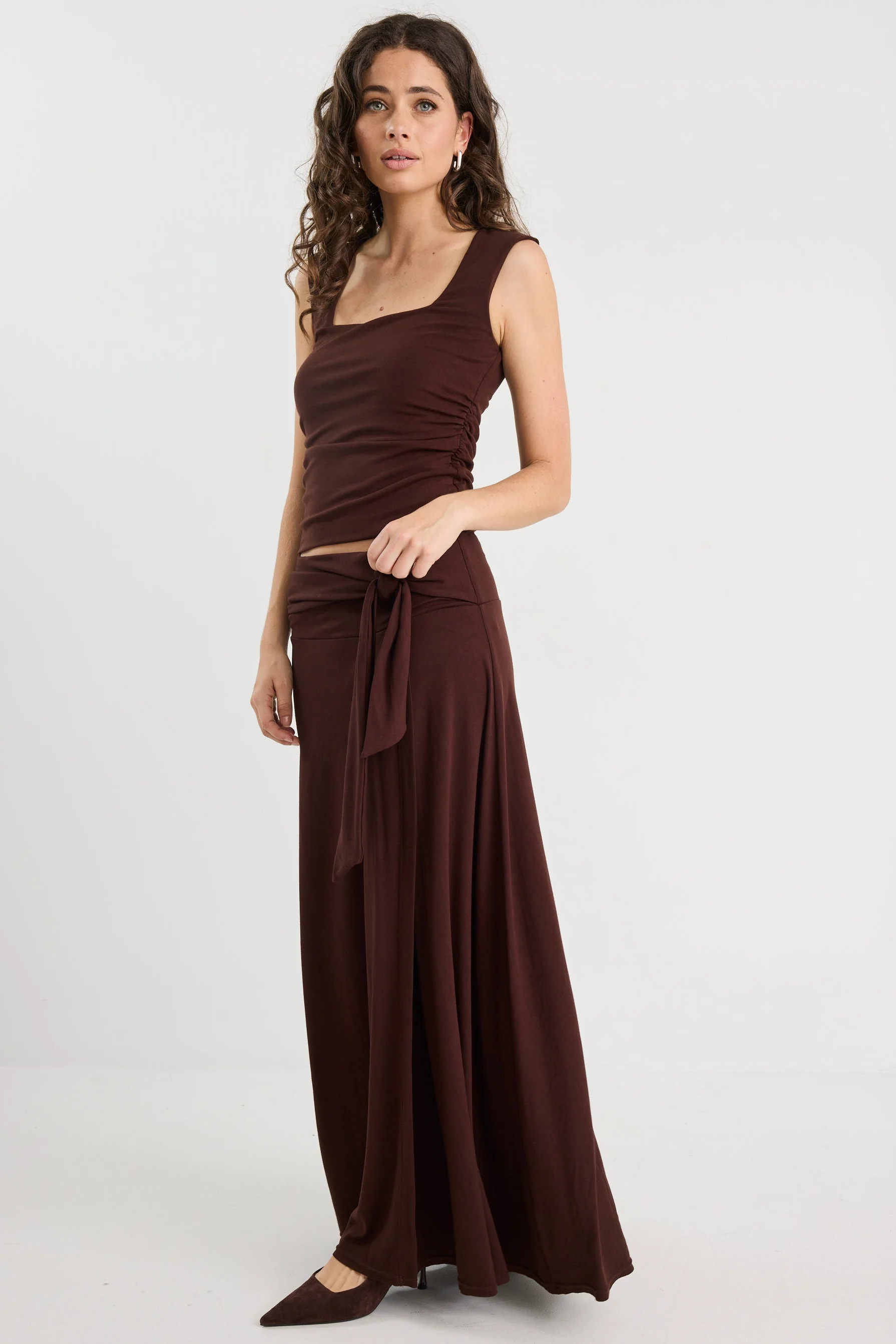 Status Chocolate Jersey Knot Front Maxi Skirt - Image 4