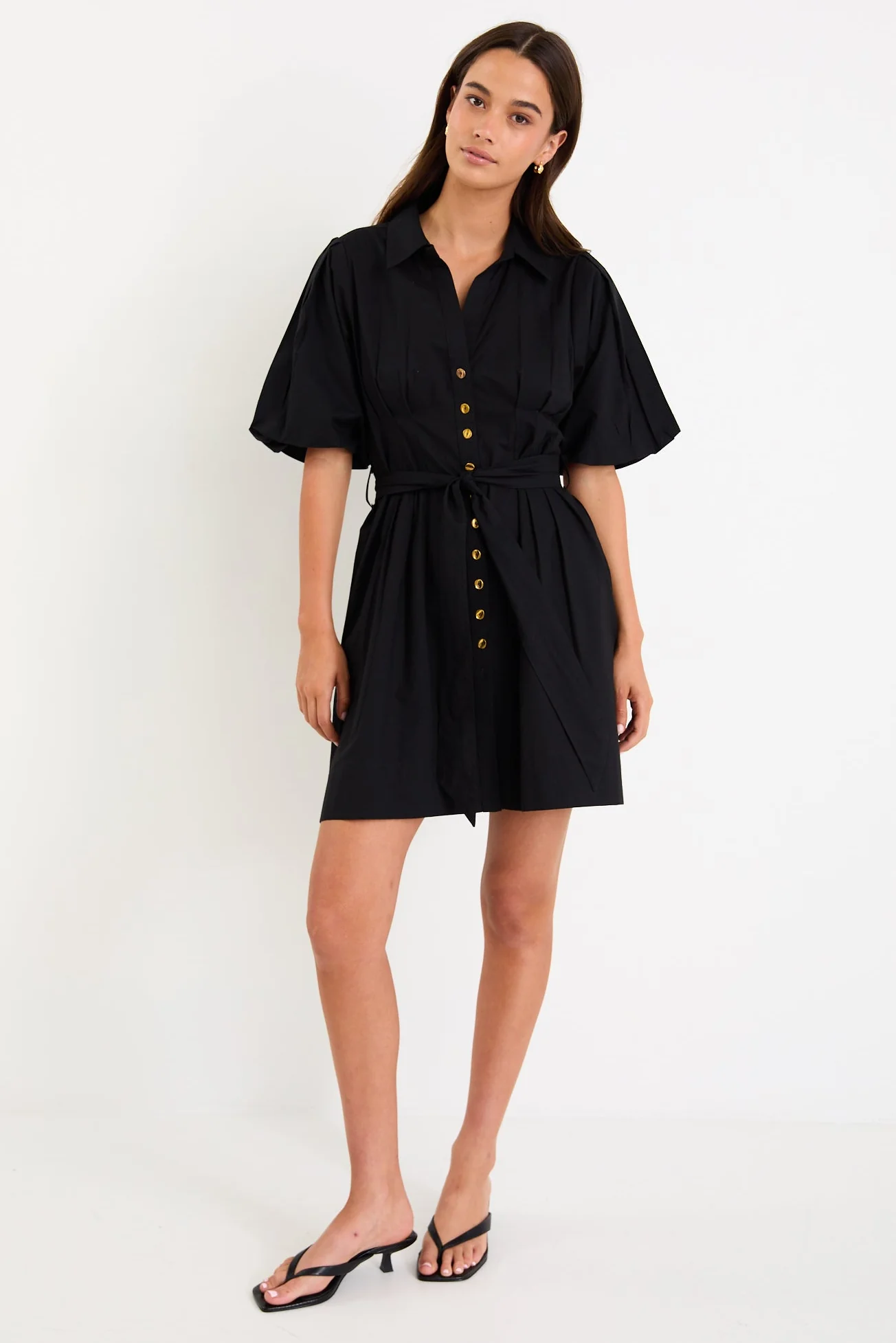 Sundown Black Puff Short Sleeve Mini Shirt Dress - Image 2