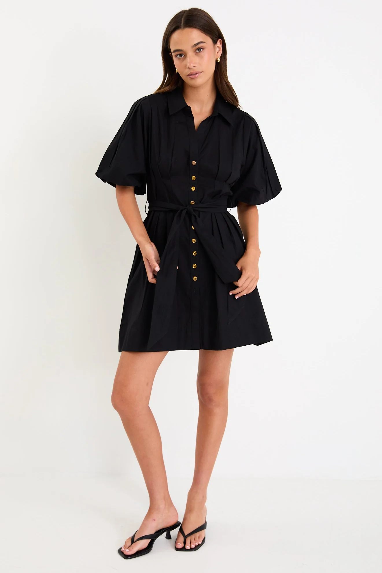 Sundown Black Puff Short Sleeve Mini Shirt Dress - Image 4