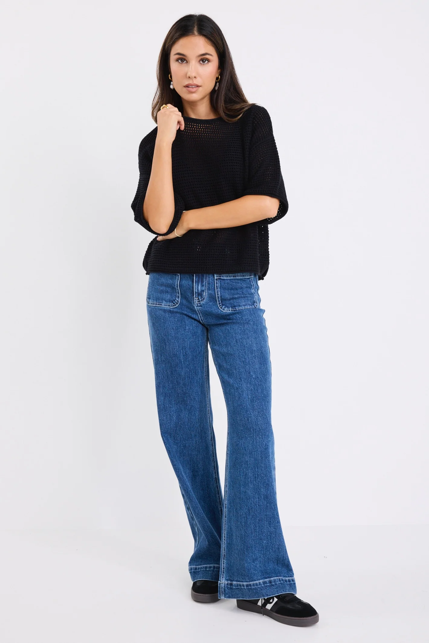 Sunrise Black SS Crochet Knit Top - Image 3