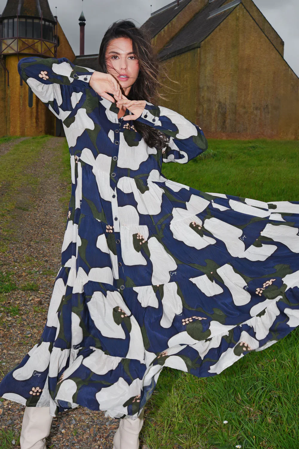 Sun & The Swoon Navy Floral Print LS Maxi Dress