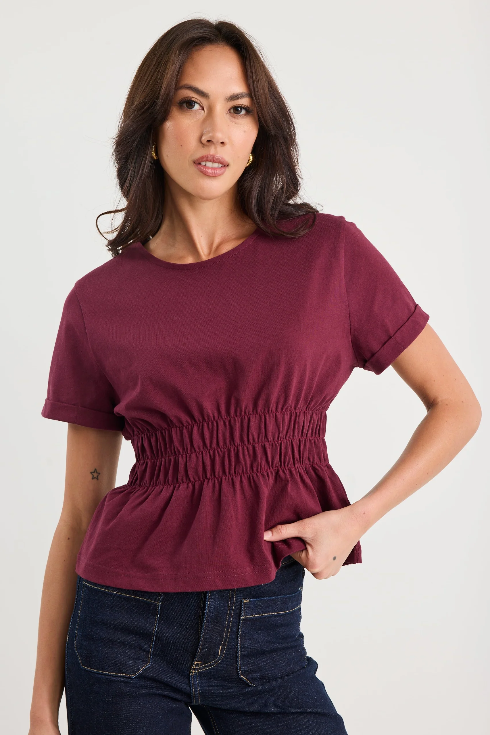 Svelte Burgundy Shirred Detail SS Tee - Image 2