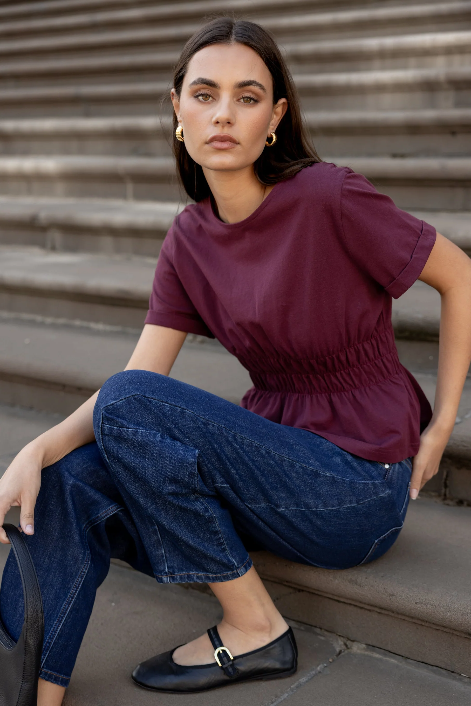 Svelte Burgundy Shirred Detail SS Tee - Image 3