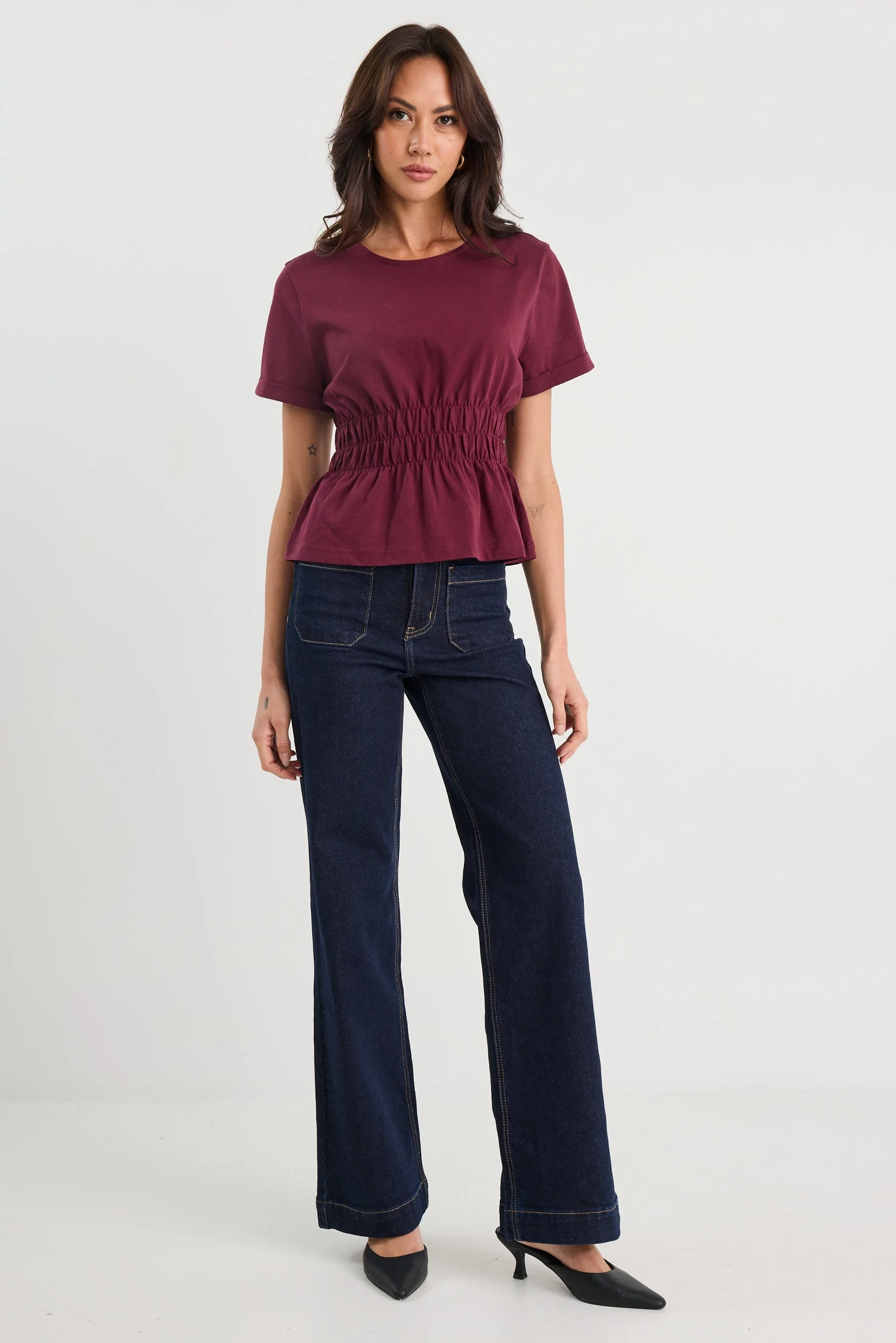 Svelte Burgundy Shirred Detail SS Tee - Image 4