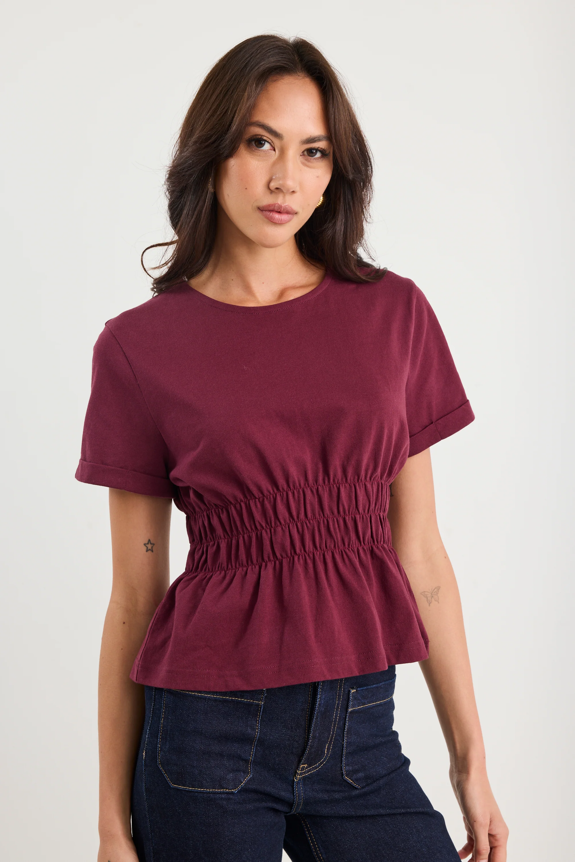 Svelte Burgundy Shirred Detail SS Tee - Image 5