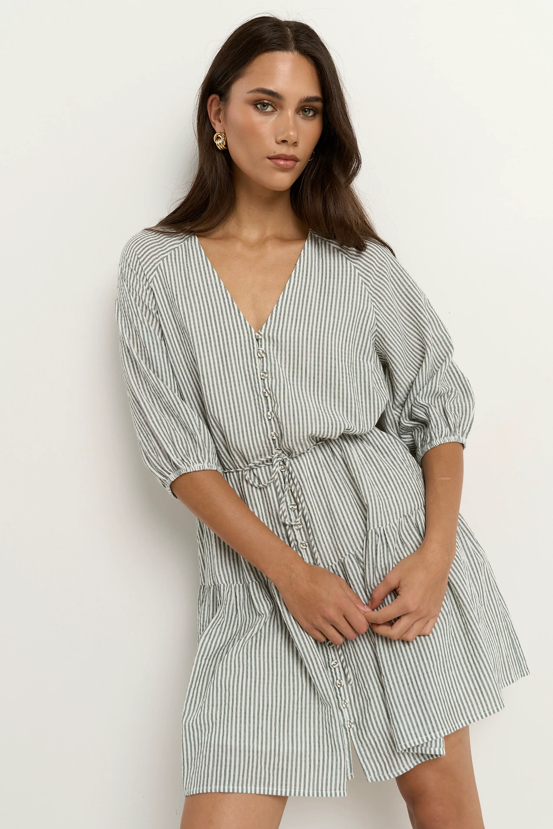 Switch Khaki Stripe Puff Sleeve Button Front Mini Dress