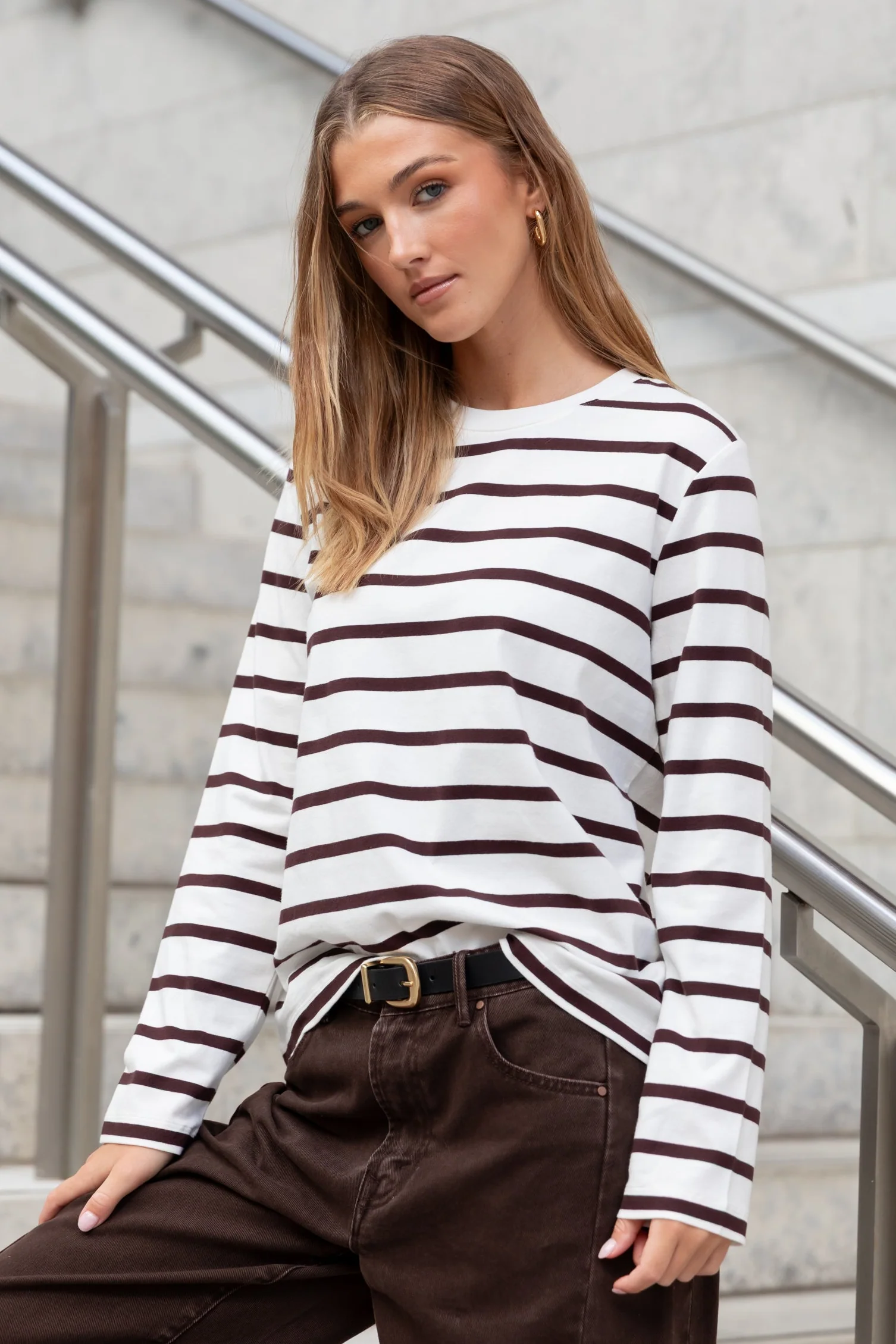 Tether Chocolate White Stripe LS Boxy Tee