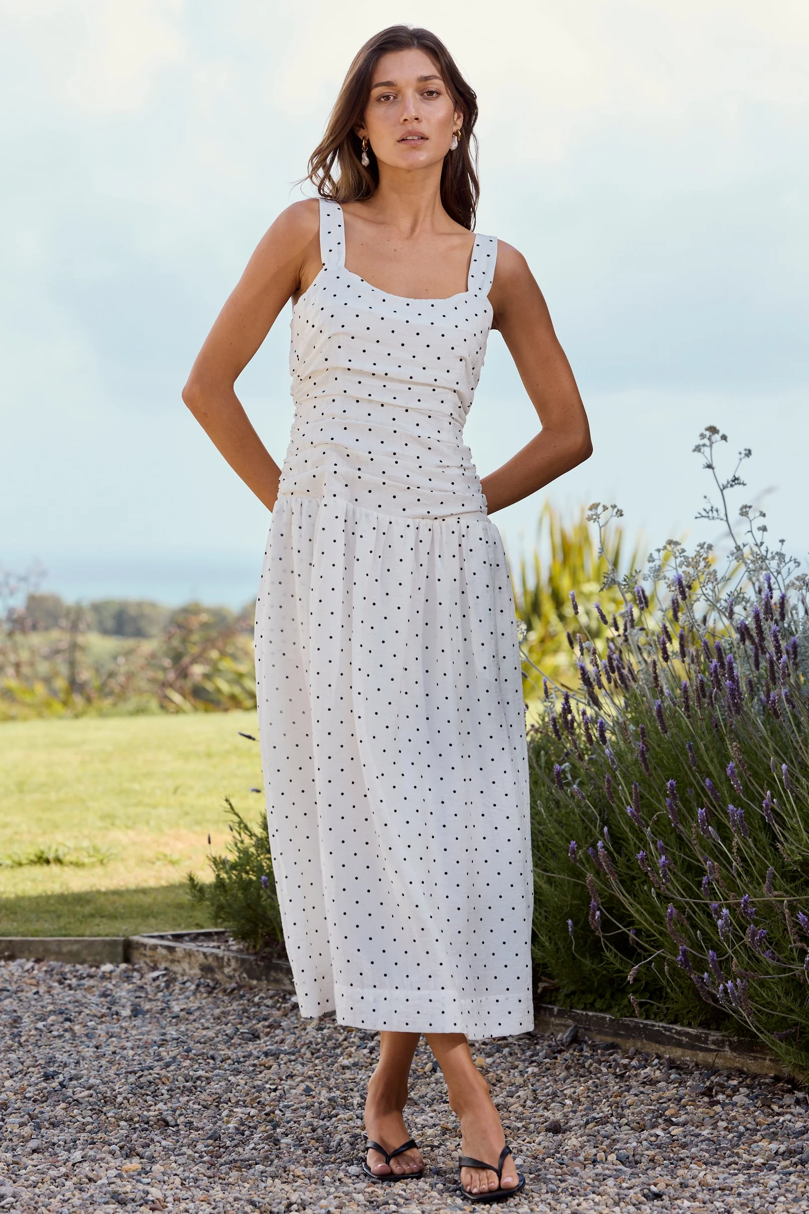 Tide Cream Polka Dot Pleated Bodice Strappy Midi Dress