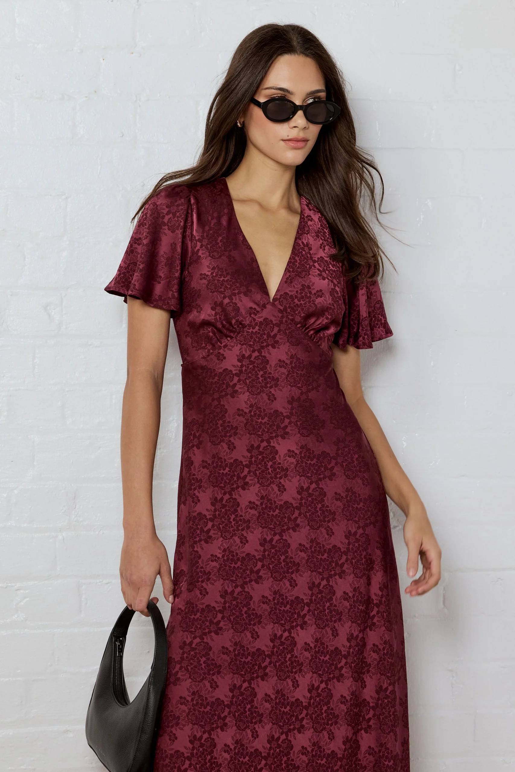 Tram Burgundy Jacquard Bias Flared Maxi Dress