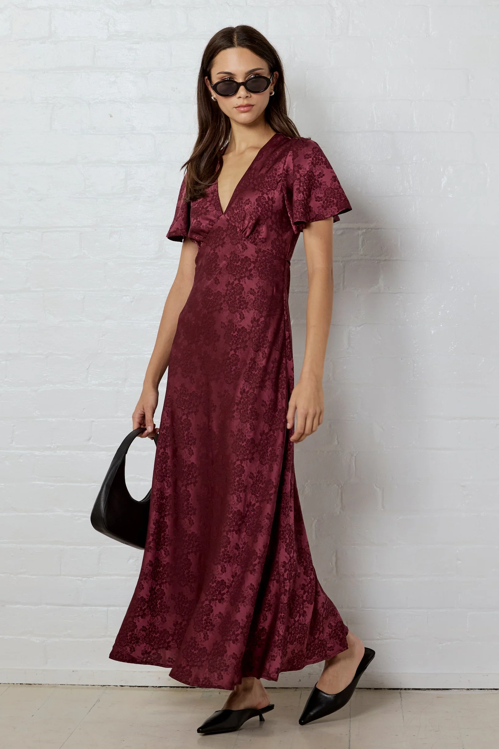 Tram Burgundy Jacquard Bias Flared Maxi Dress - Image 2