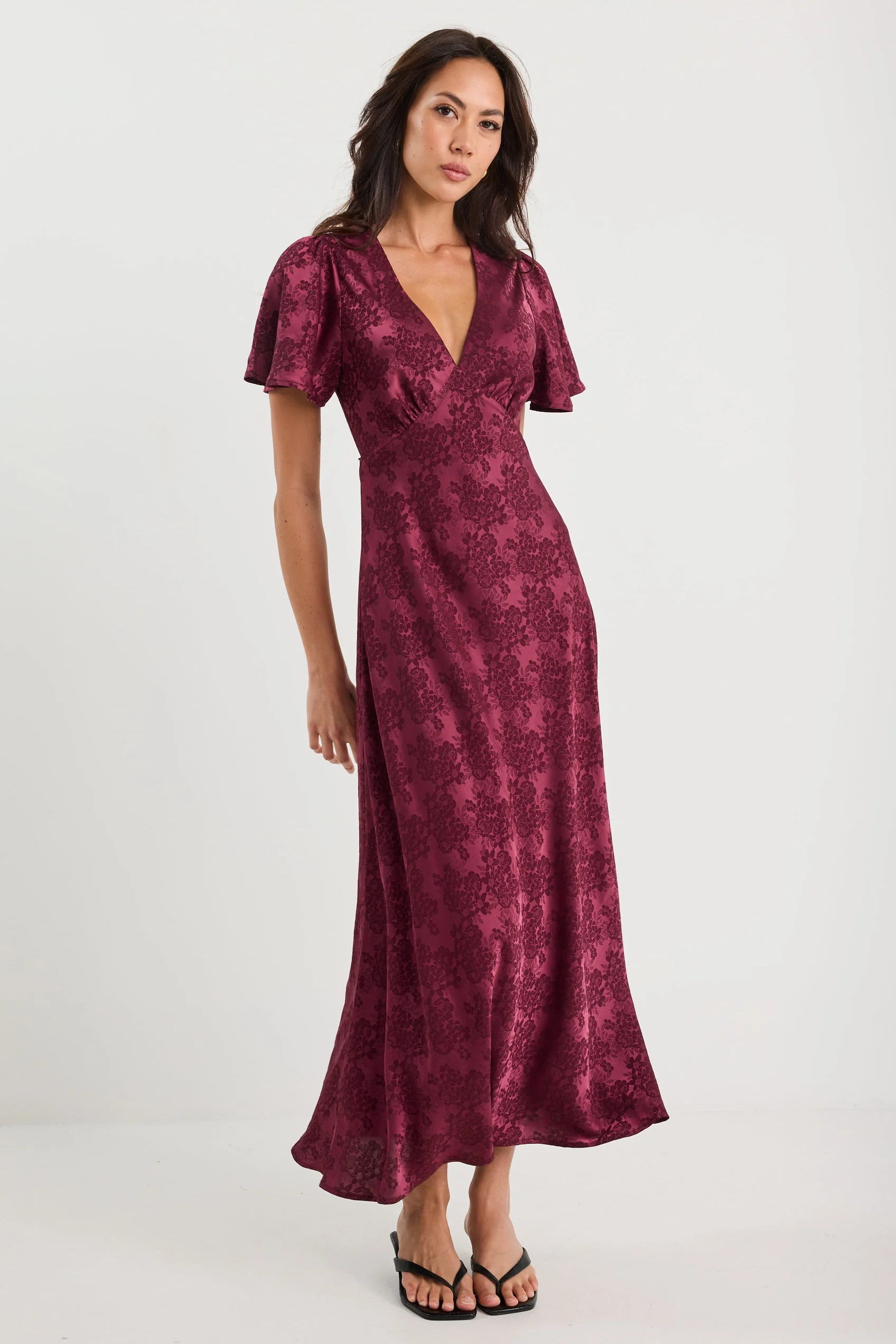 Tram Burgundy Jacquard Bias Flared Maxi Dress - Image 5