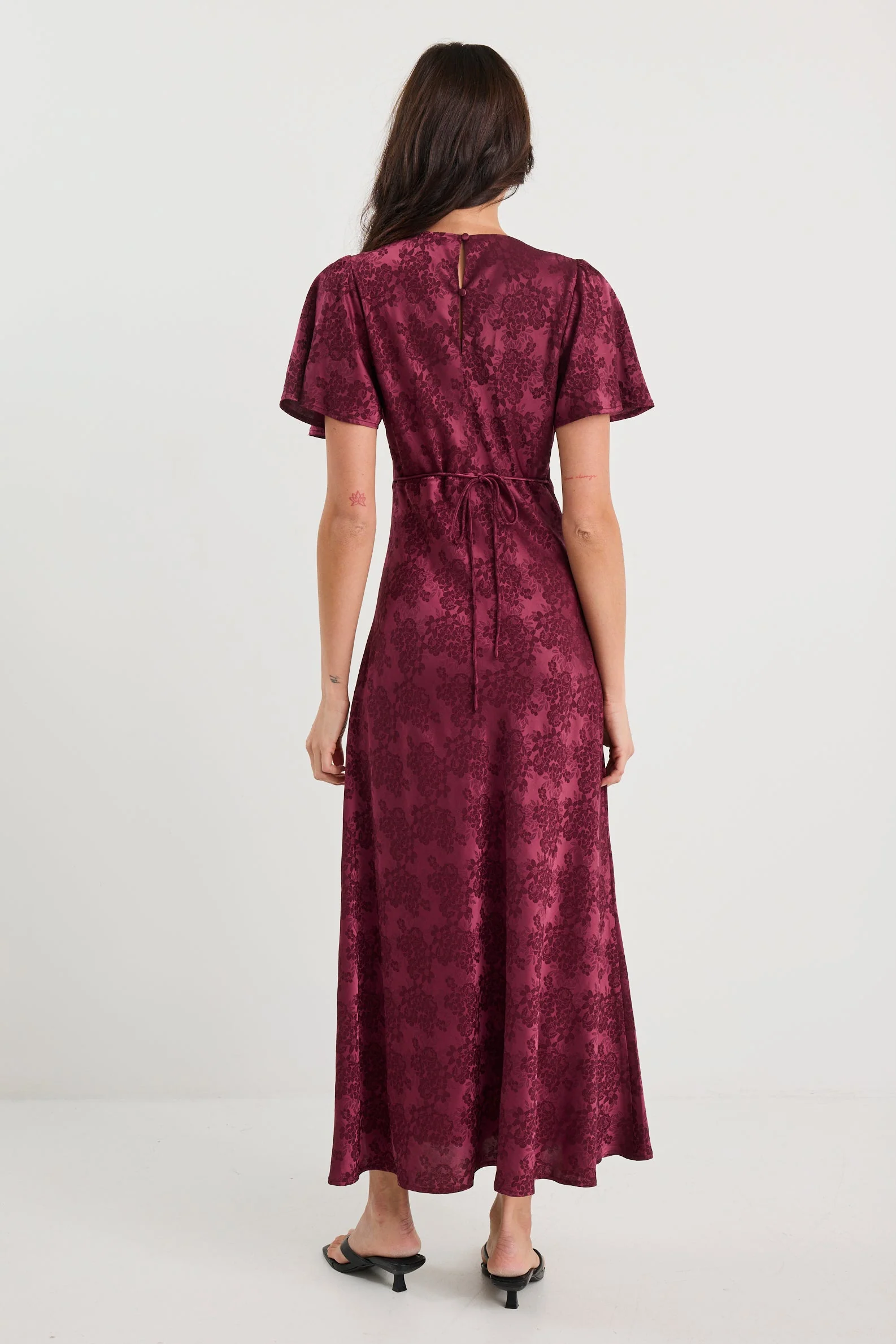 Tram Burgundy Jacquard Bias Flared Maxi Dress - Image 6