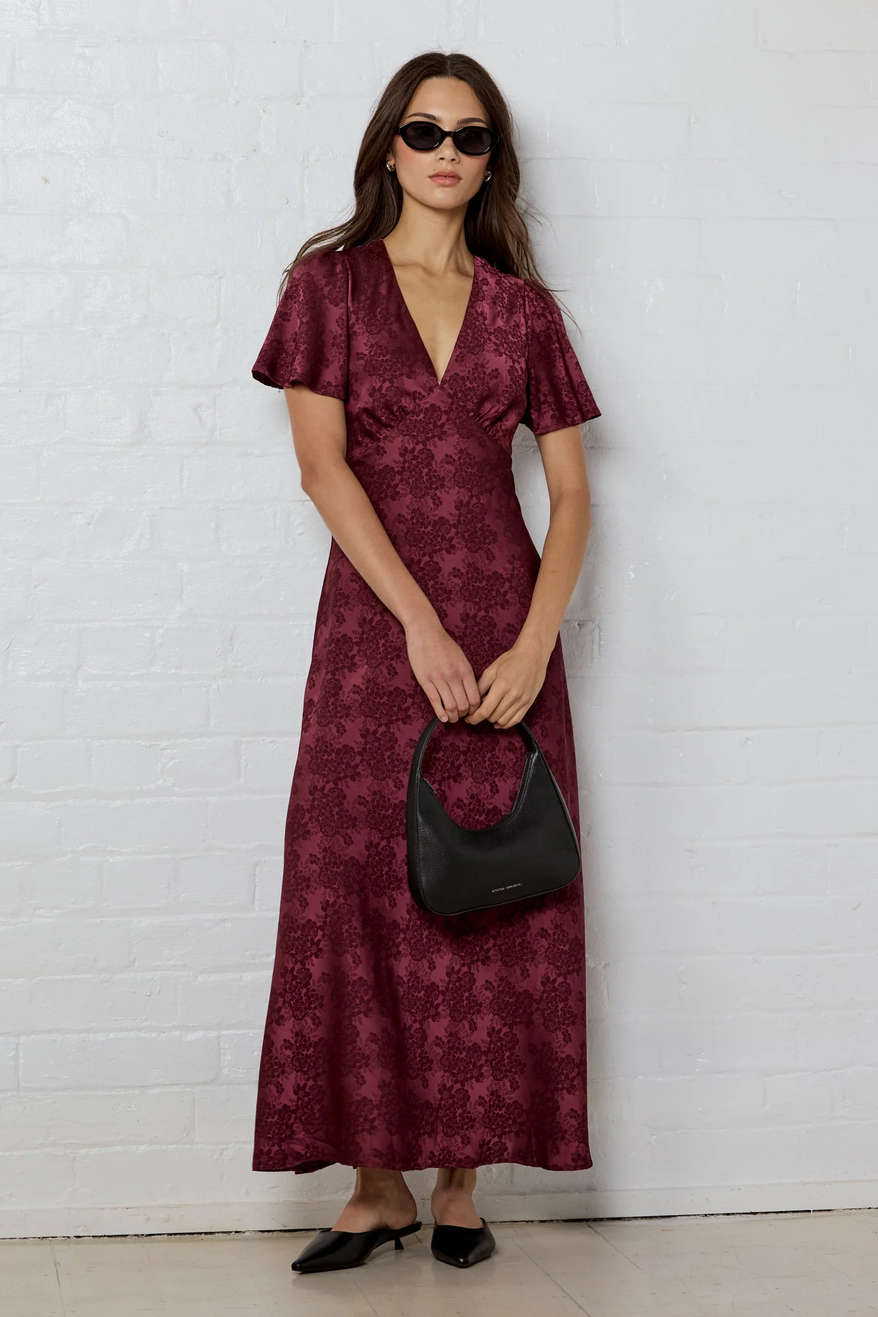 Tram Burgundy Jacquard Bias Flared Maxi Dress - Image 7