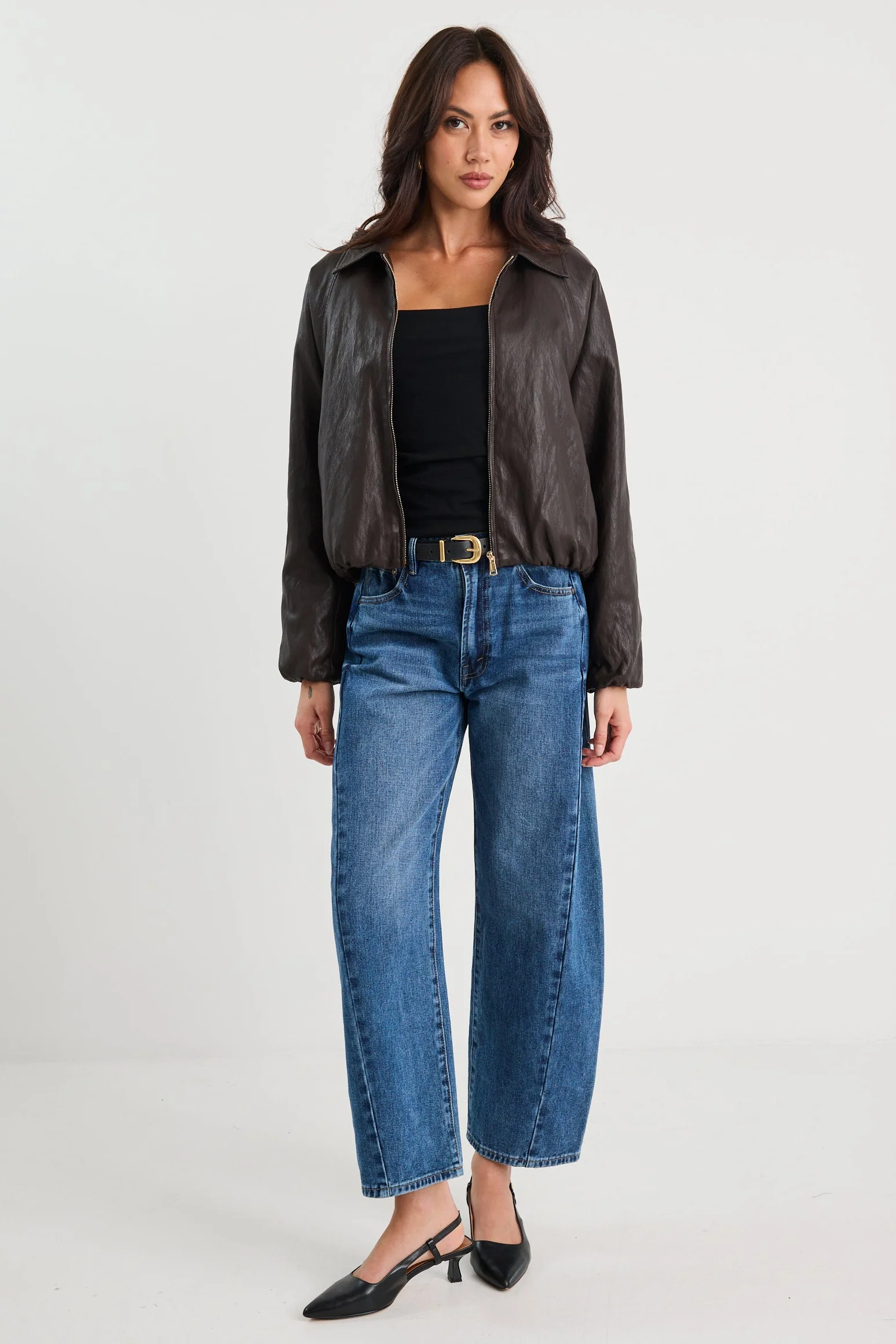 Troupe Chocolate PU Leather Zip Through Bubble Hem Bomber Jacket - Image 4