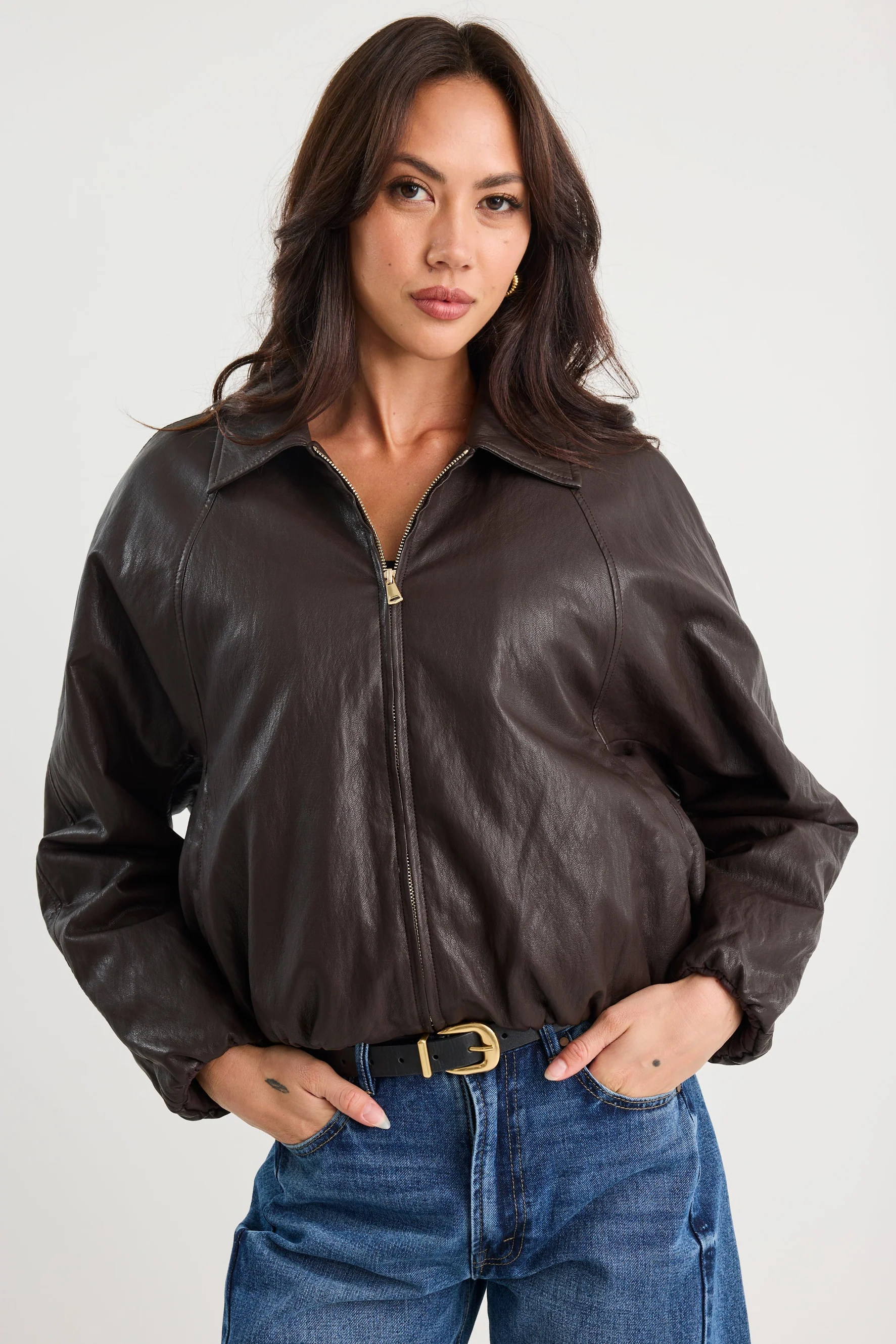Troupe Chocolate PU Leather Zip Through Bubble Hem Bomber Jacket - Image 5