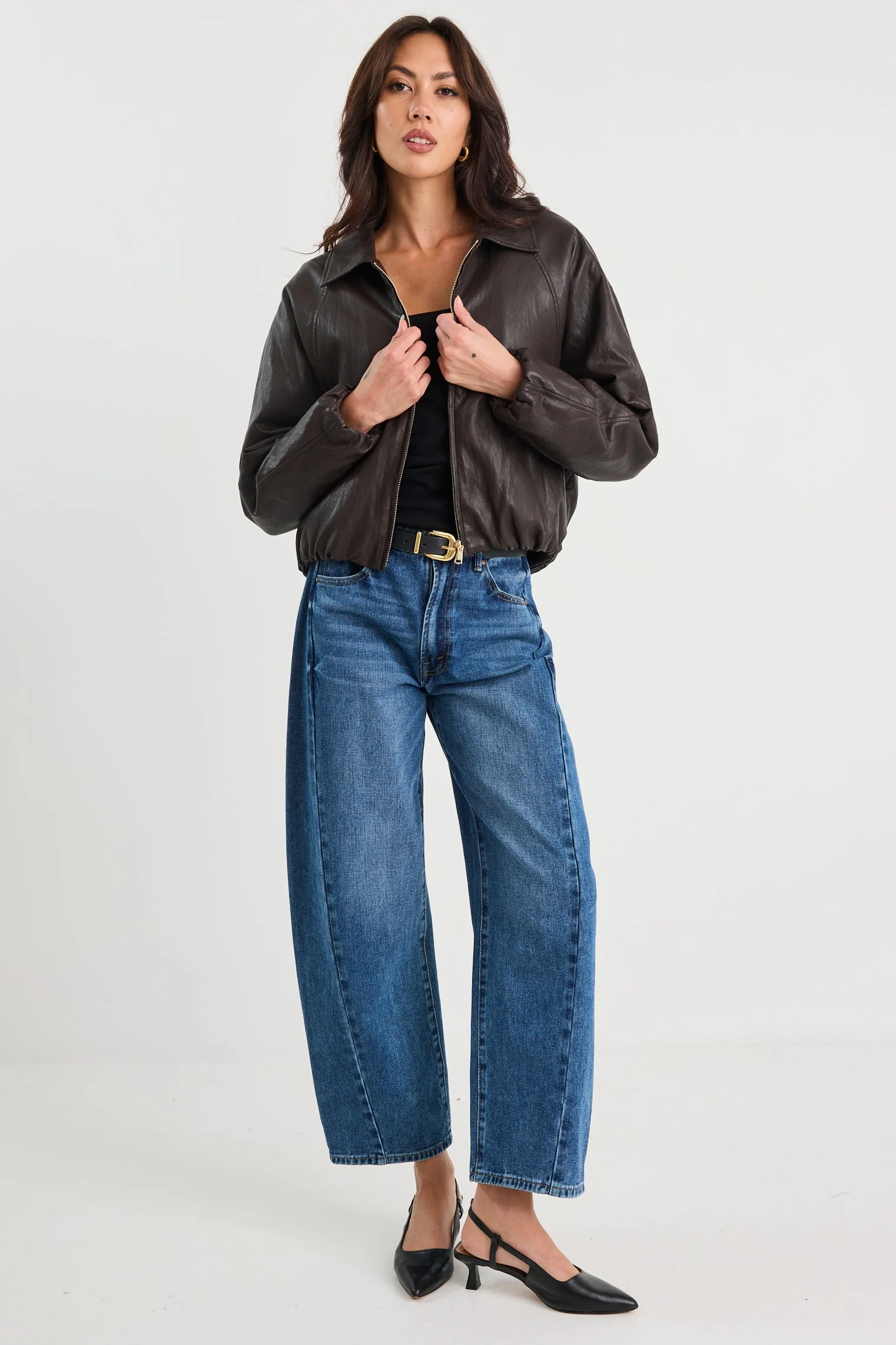 Troupe Chocolate PU Leather Zip Through Bubble Hem Bomber Jacket - Image 6