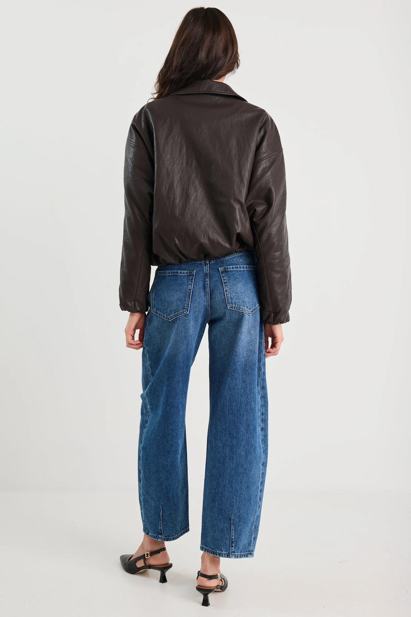 Troupe Chocolate PU Leather Zip Through Bubble Hem Bomber Jacket - Image 8