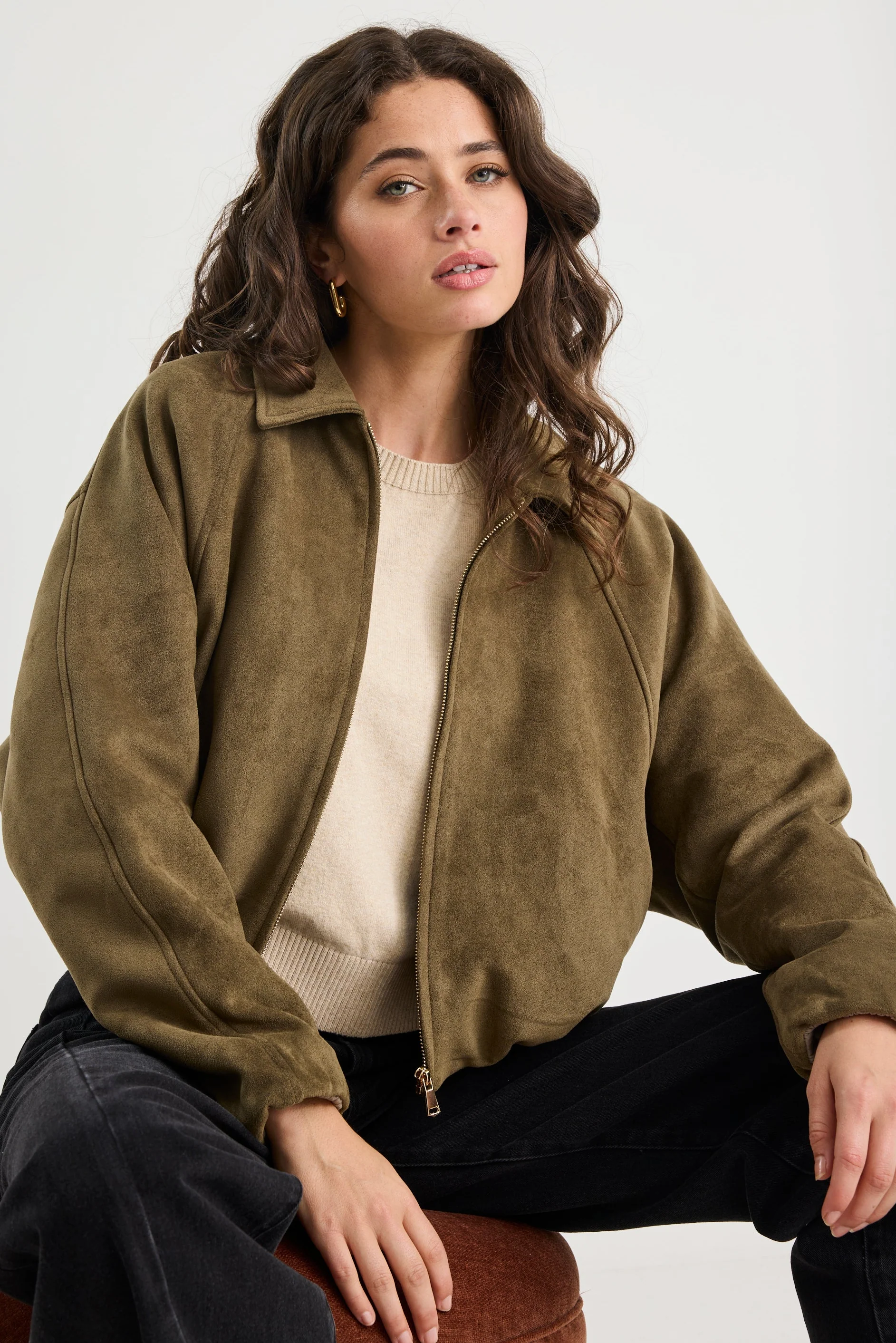 Troupe Khaki Faux Suede Zip Through Bubble Hem Bomber Jacket - Image 3