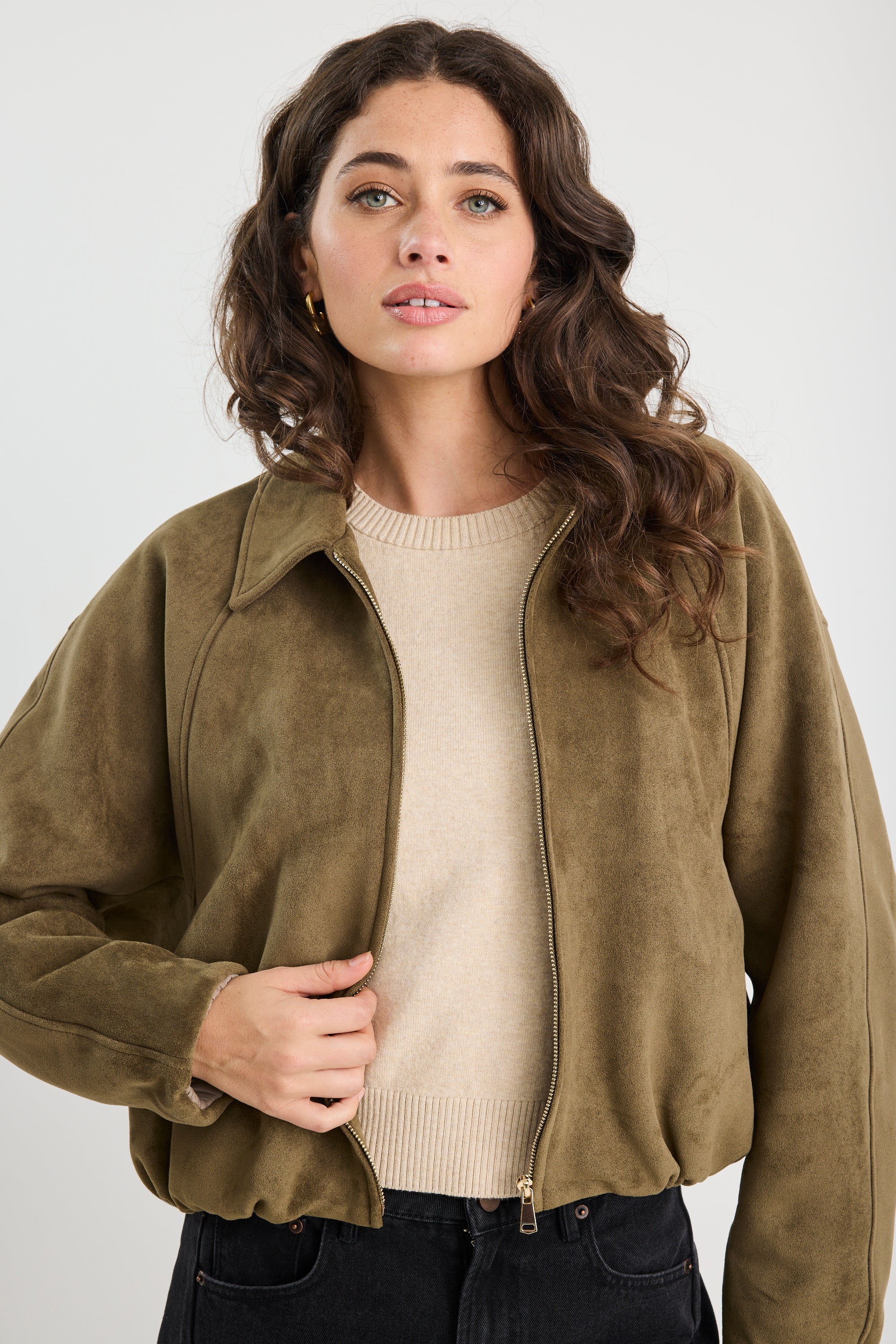 Troupe Khaki Faux Suede Zip Through Bubble Hem Bomber Jacket - Image 4