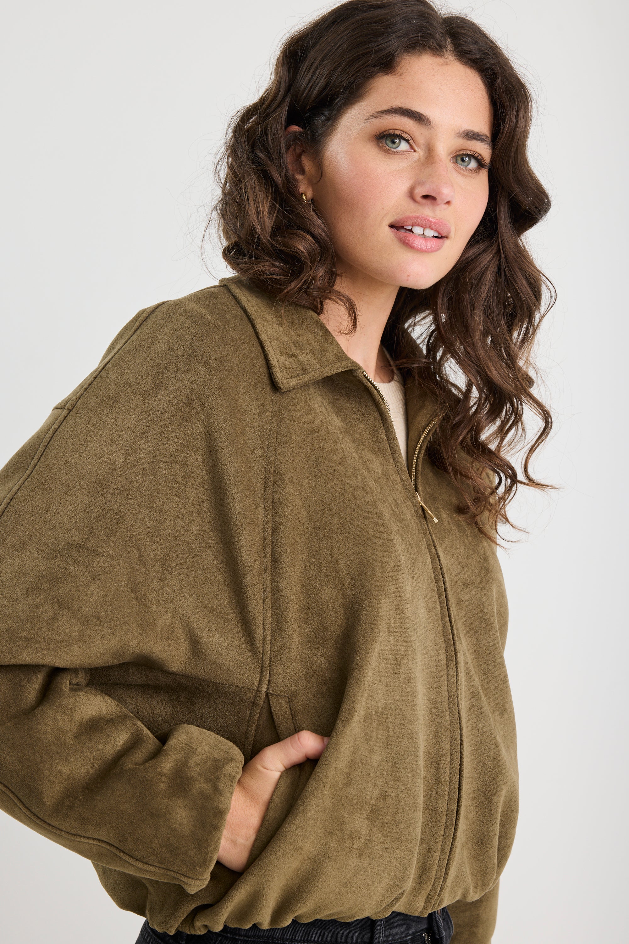 Troupe Khaki Faux Suede Zip Through Bubble Hem Bomber Jacket - Image 5