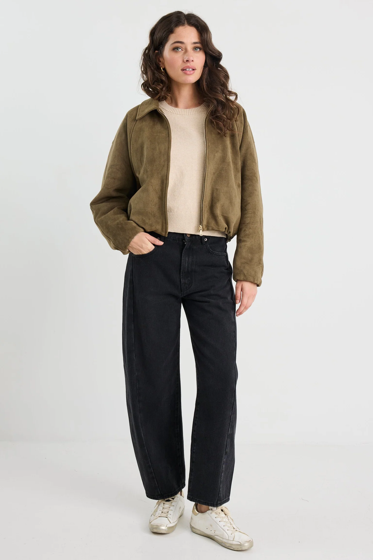 Troupe Khaki Faux Suede Zip Through Bubble Hem Bomber Jacket - Image 6