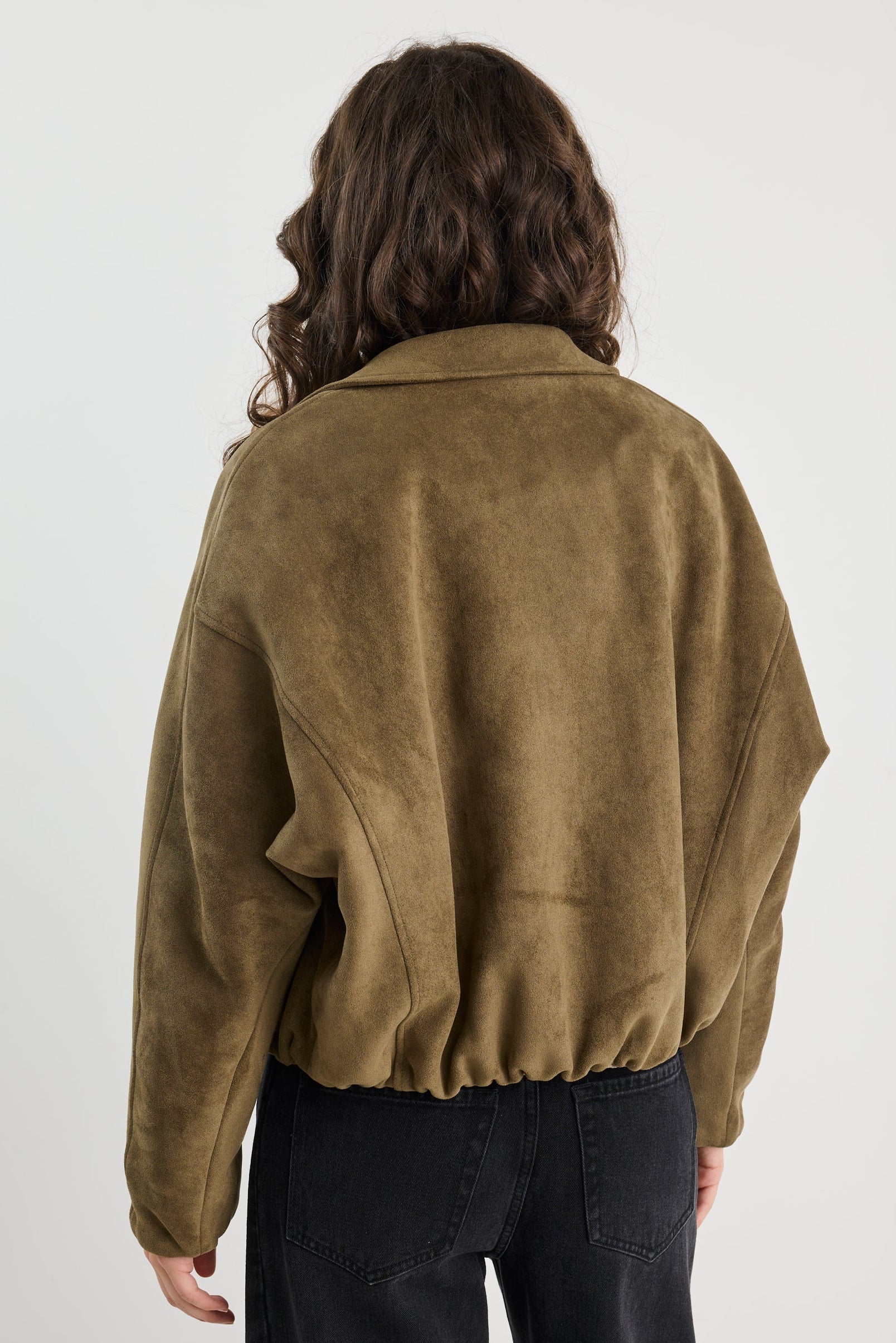 Troupe Khaki Faux Suede Zip Through Bubble Hem Bomber Jacket - Image 7
