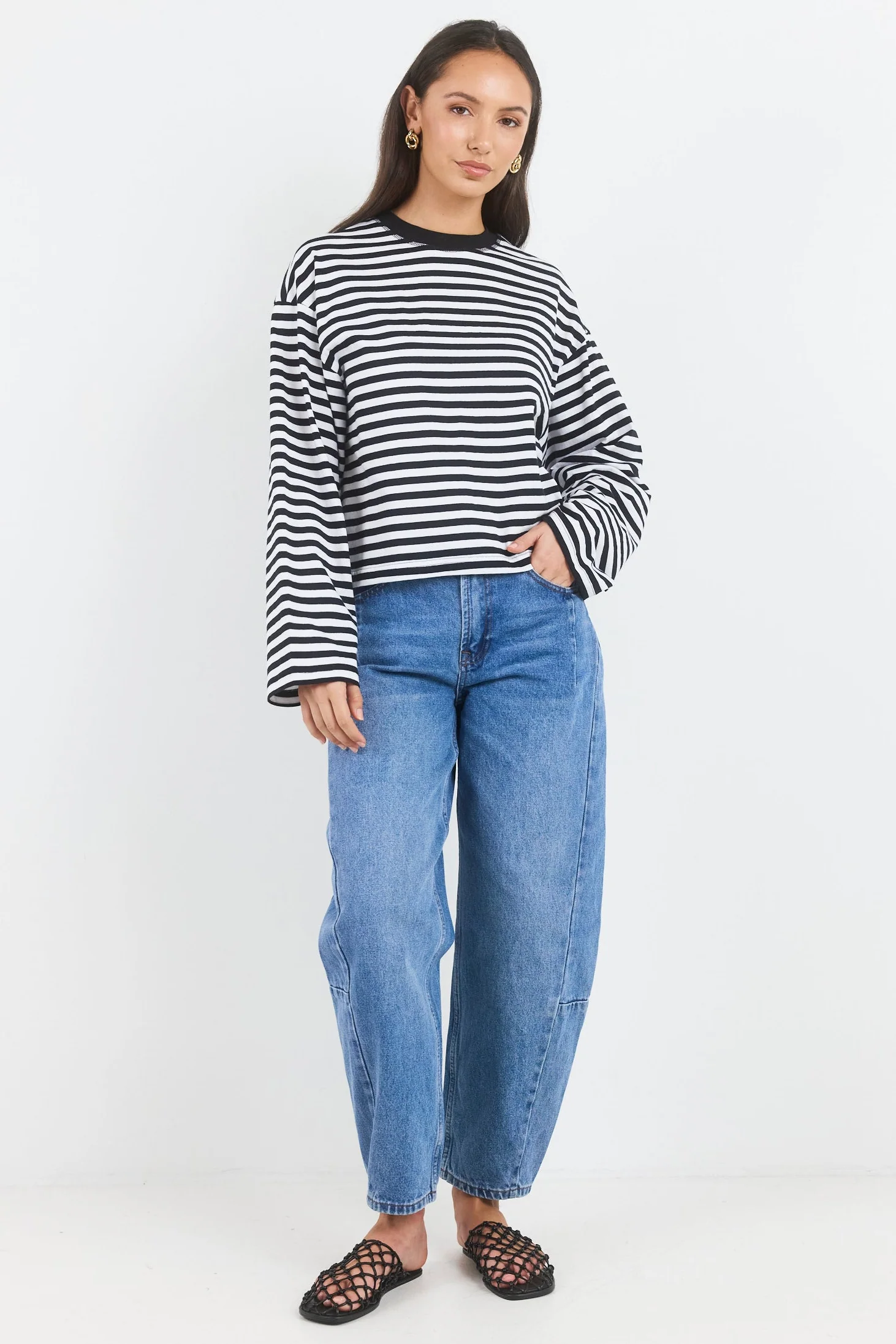 Unite Black White Stripe Long Sleeve Contrast Binding Boxy Tee - Image 6