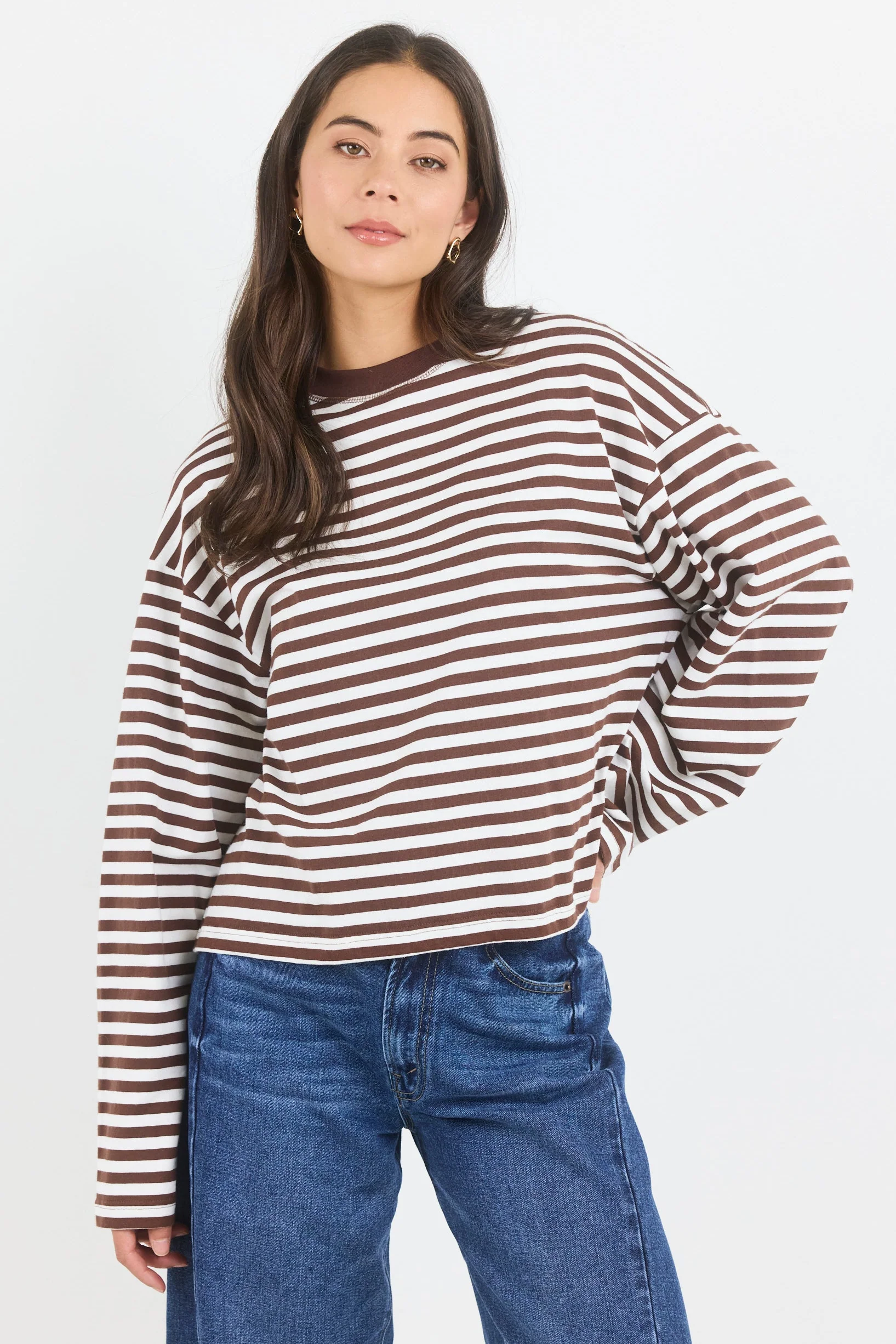 Unite Chocolate White Stripe Long Sleeve Contrast Binding Boxy Tee