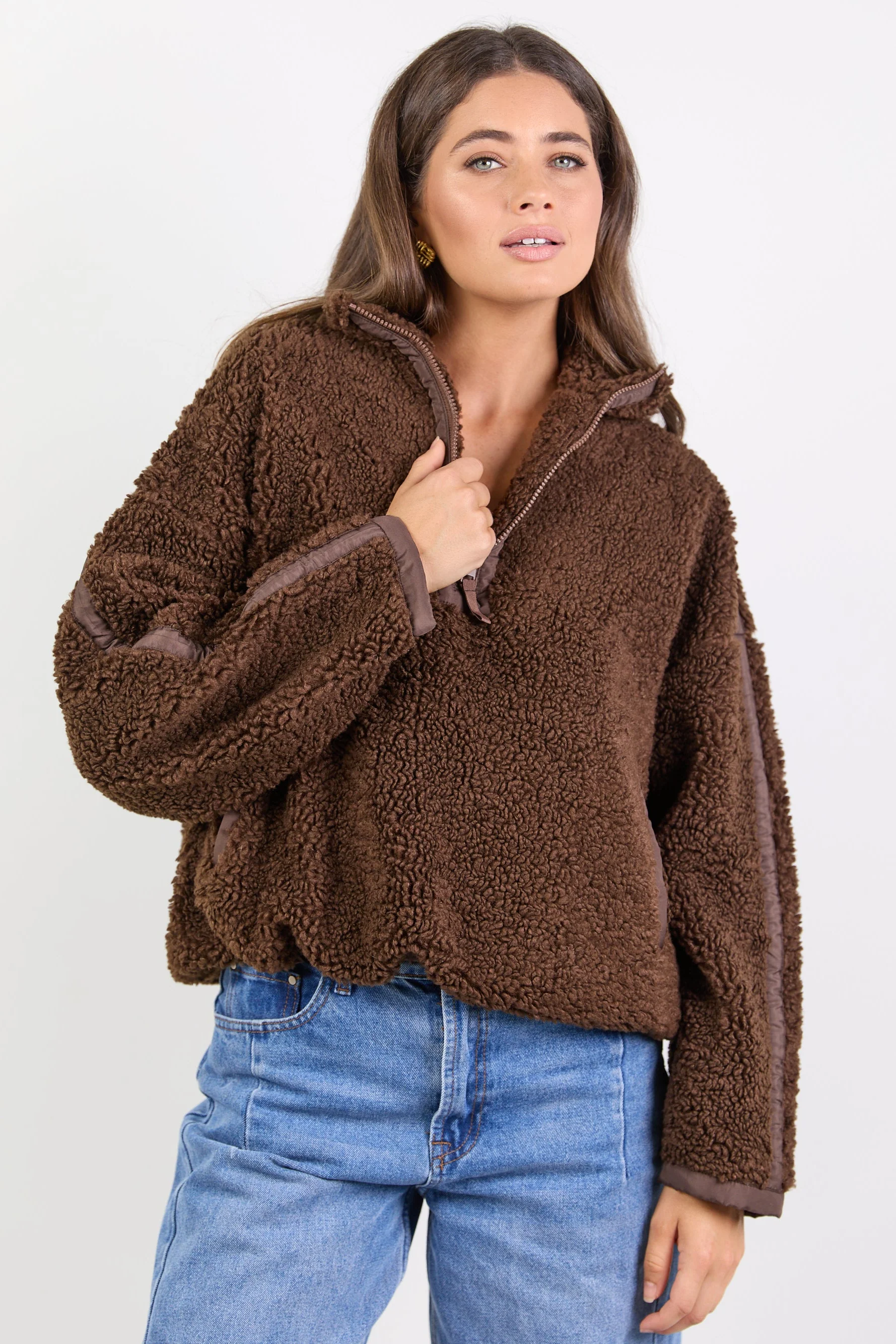 Untold Chocolate Contrast Detail Quarter Zip Sherpa Sweatshirt