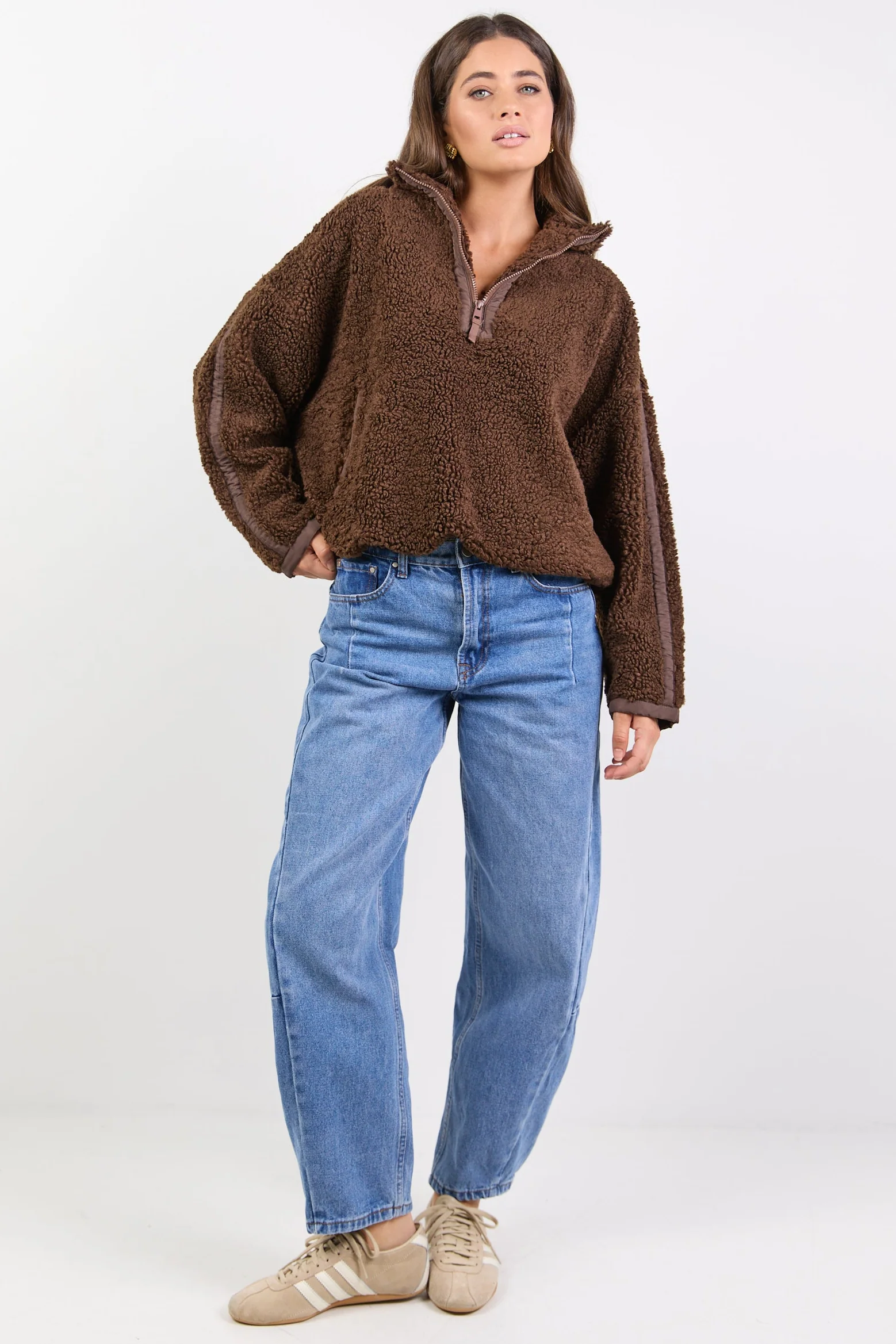 Untold Chocolate Contrast Detail Quarter Zip Sherpa Sweatshirt - Image 2