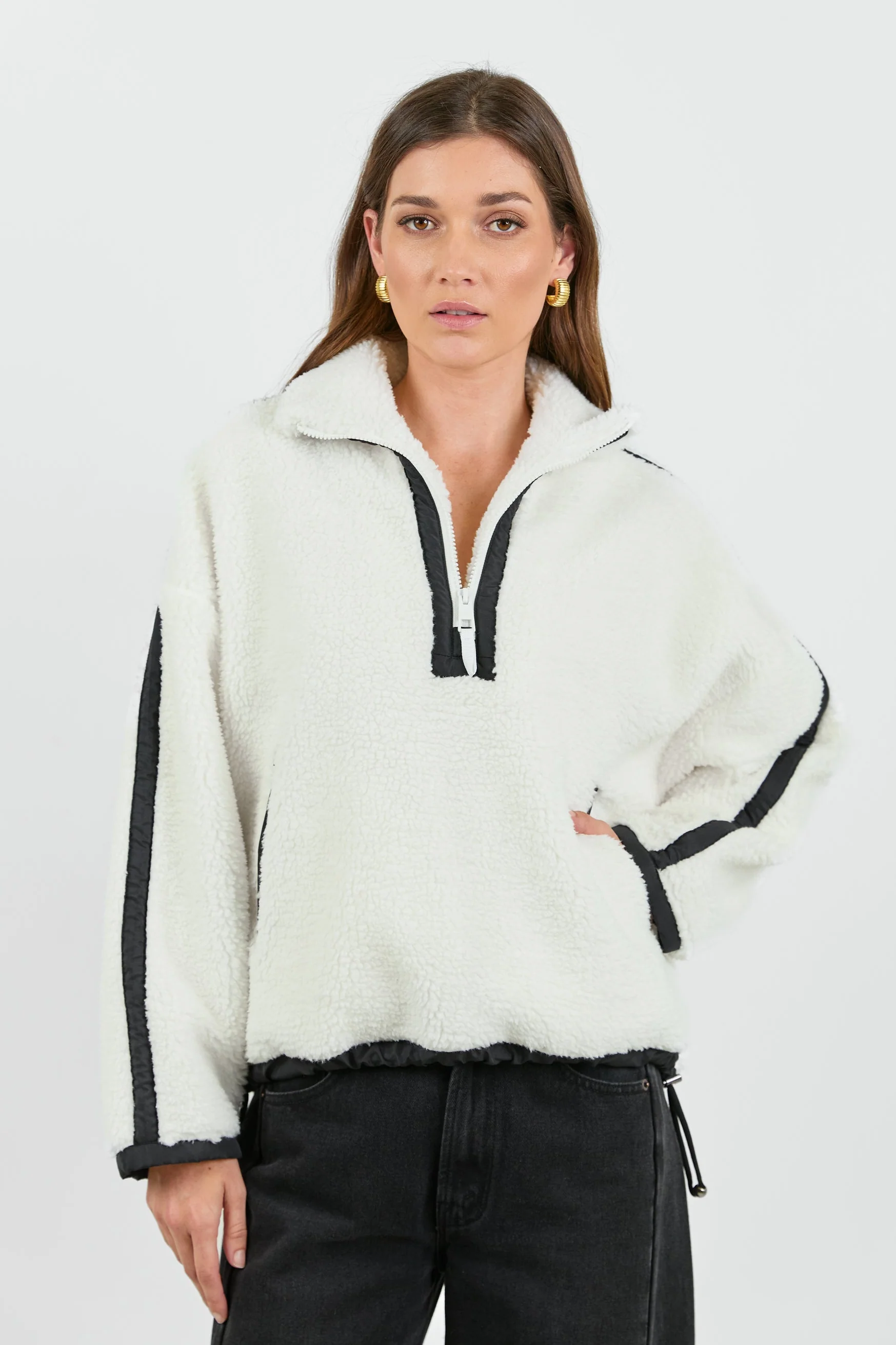 Untold Cream Contrast Detail Quarter Zip Sherpa Sweatshirt