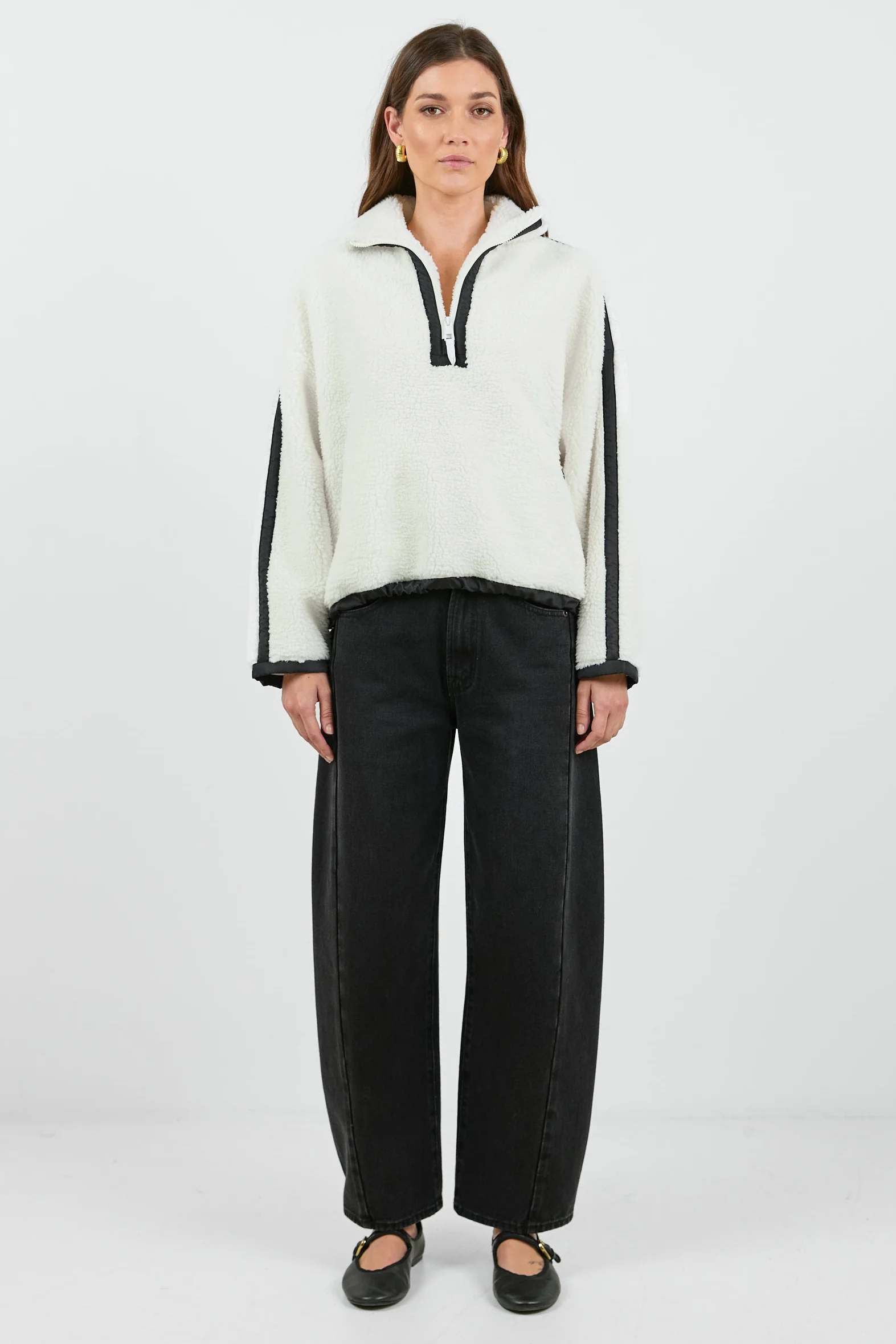 Untold Cream Contrast Detail Quarter Zip Sherpa Sweatshirt - Image 3