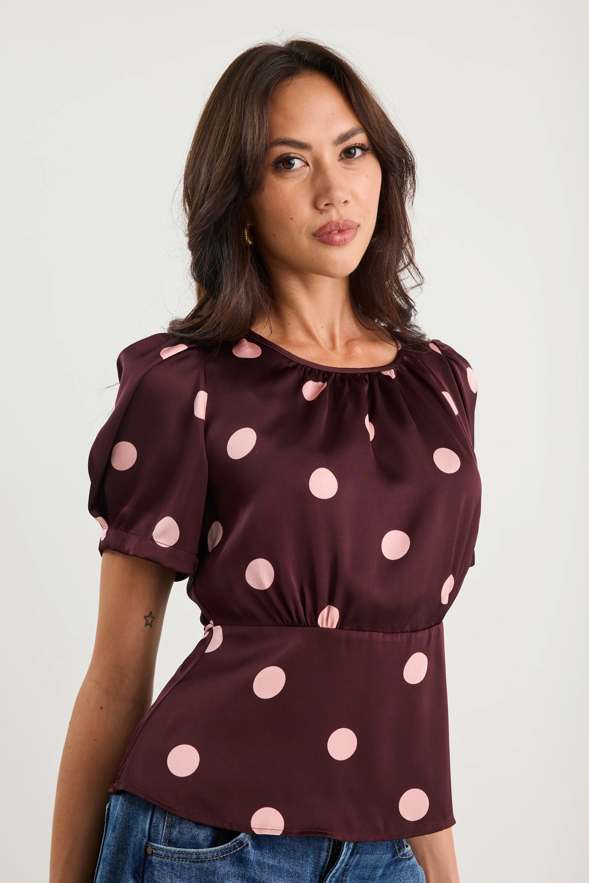 Uplifting Plum Polka Dot Satin Short Sleeve Top - Image 4
