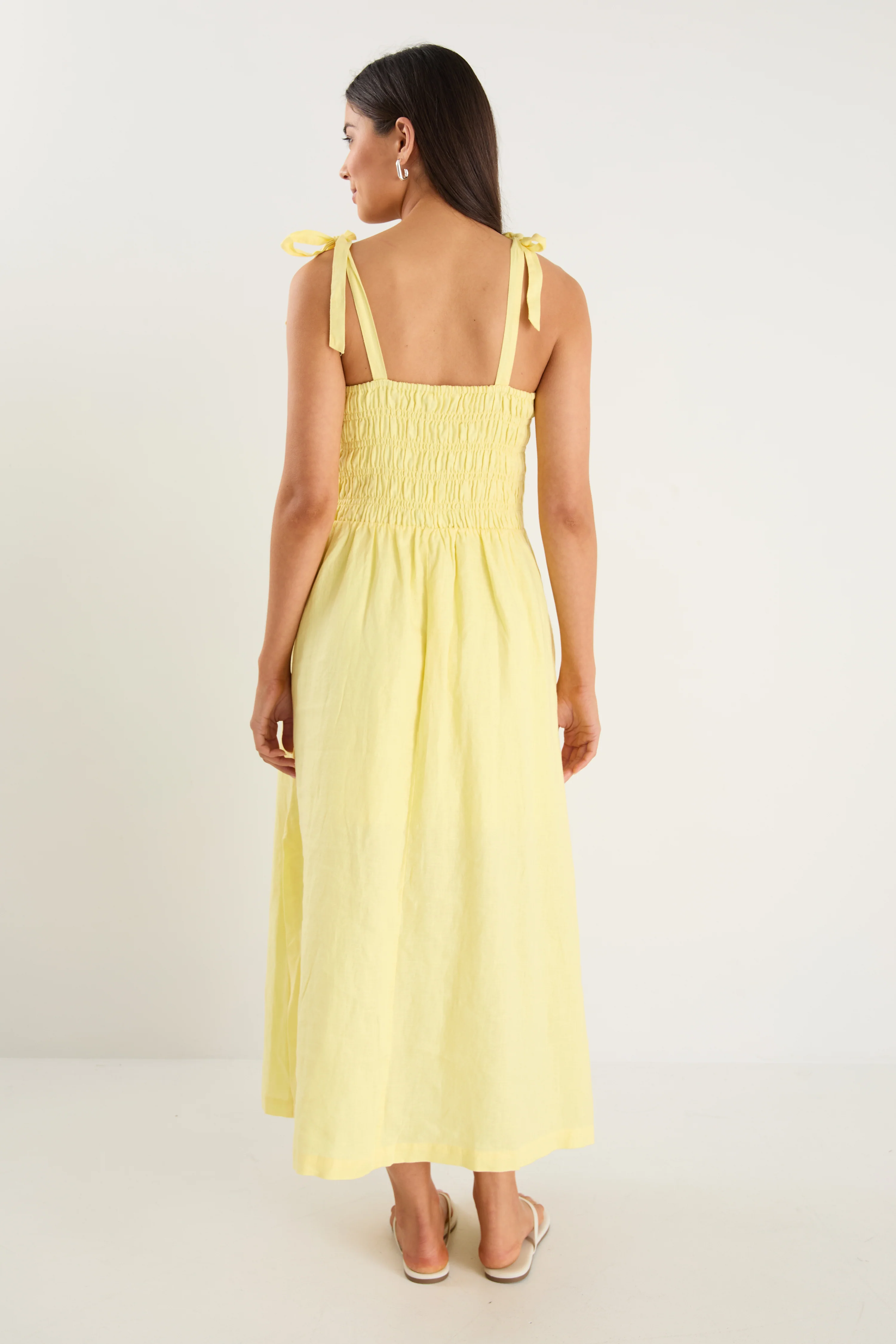 Vacation Canary Yellow Strappy Shirred Midi Dress - Image 4