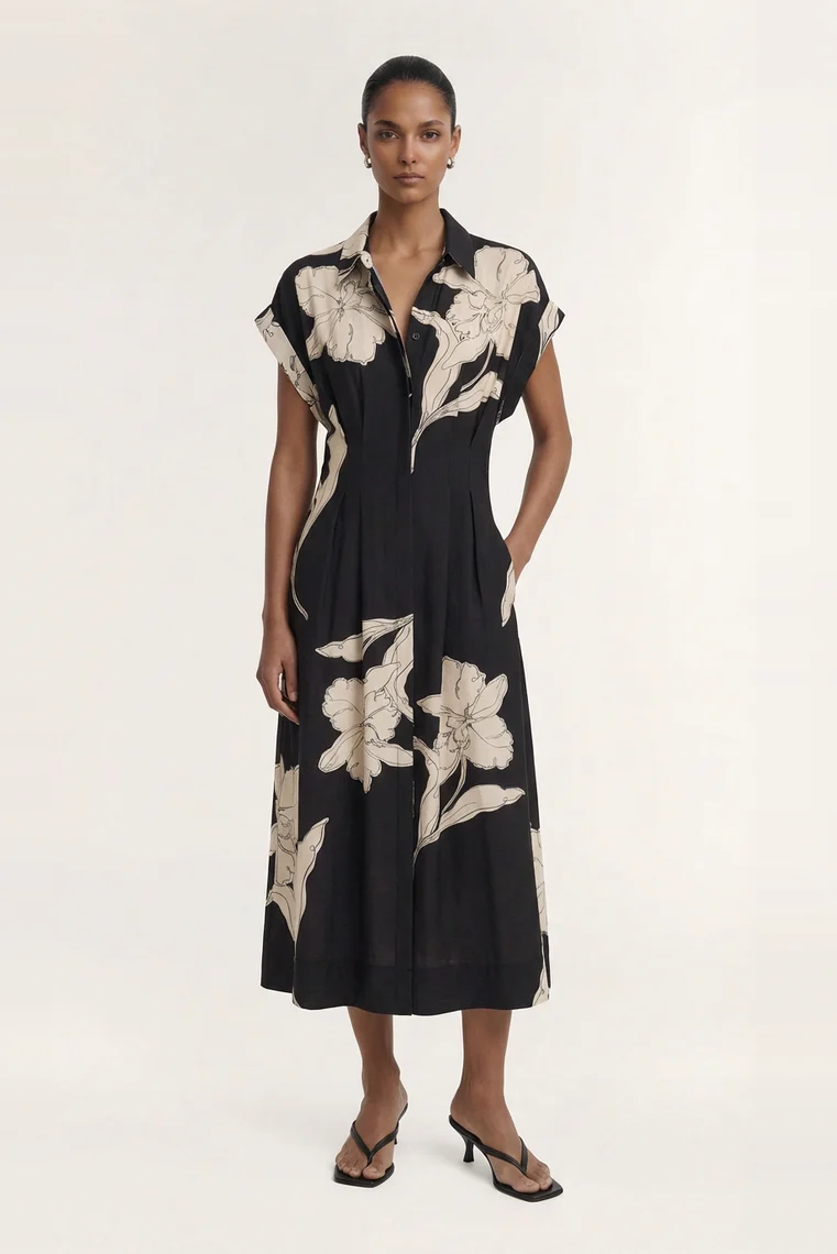 Veda Black Cream Floral Cap Sleeve Midi Dress
