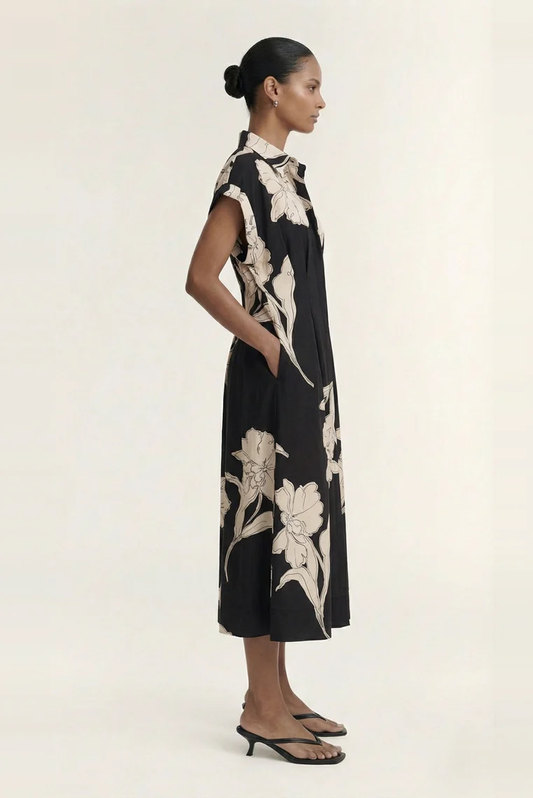 Veda Black Cream Floral Cap Sleeve Midi Dress - Image 2