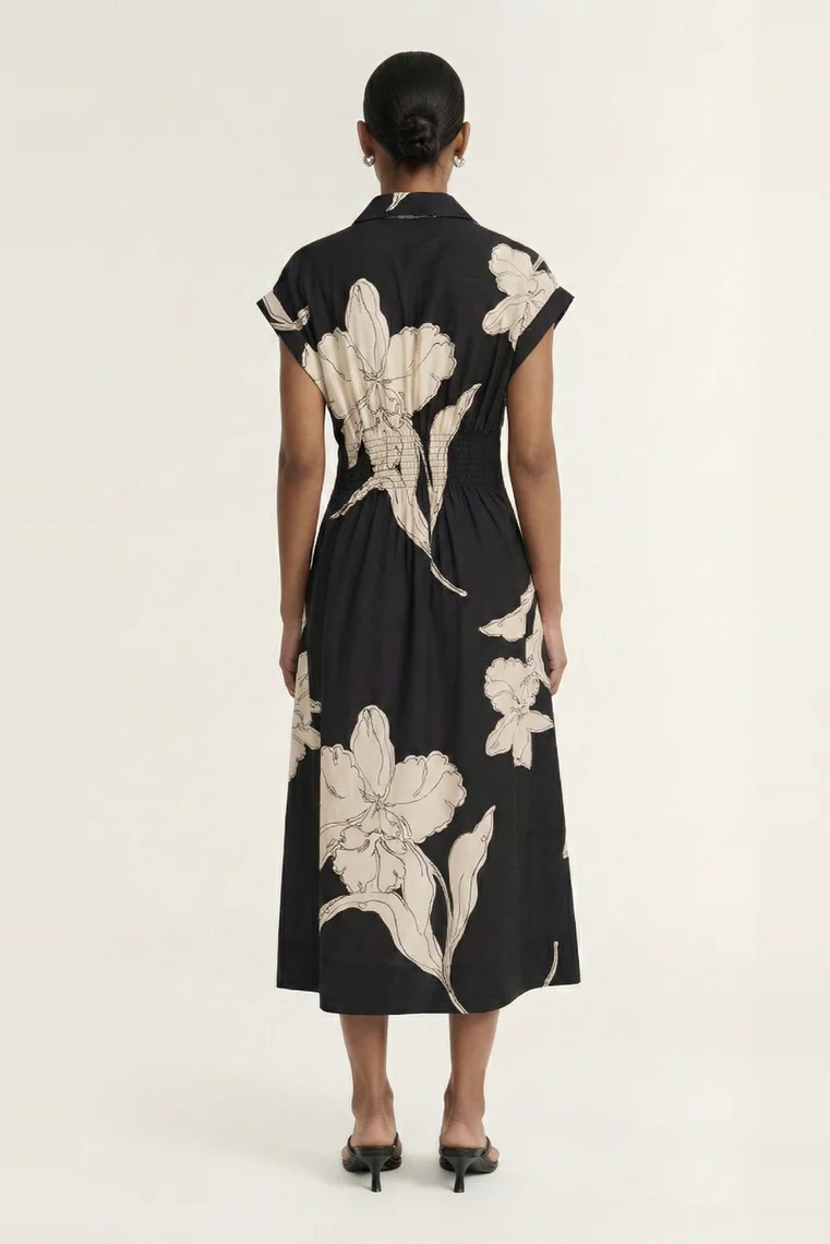 Veda Black Cream Floral Cap Sleeve Midi Dress - Image 3