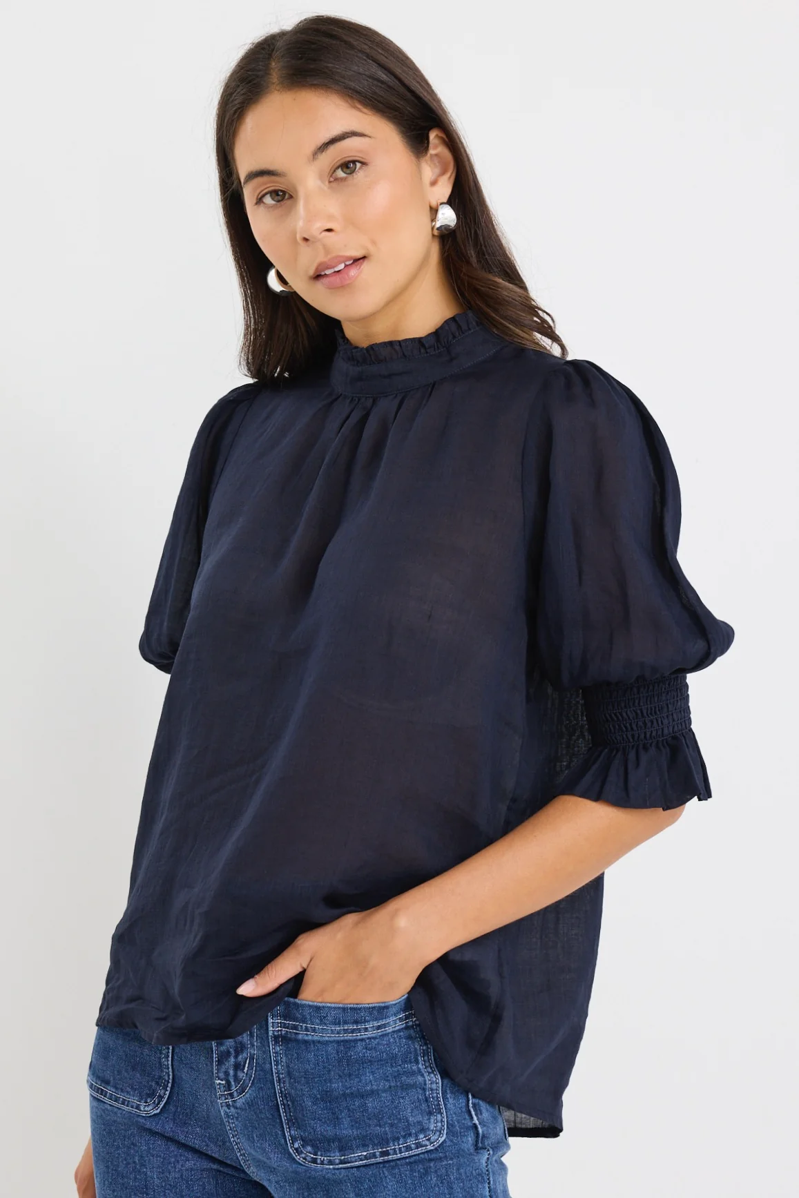 Verse Navy Sheer High Neck Short Sleeve Top