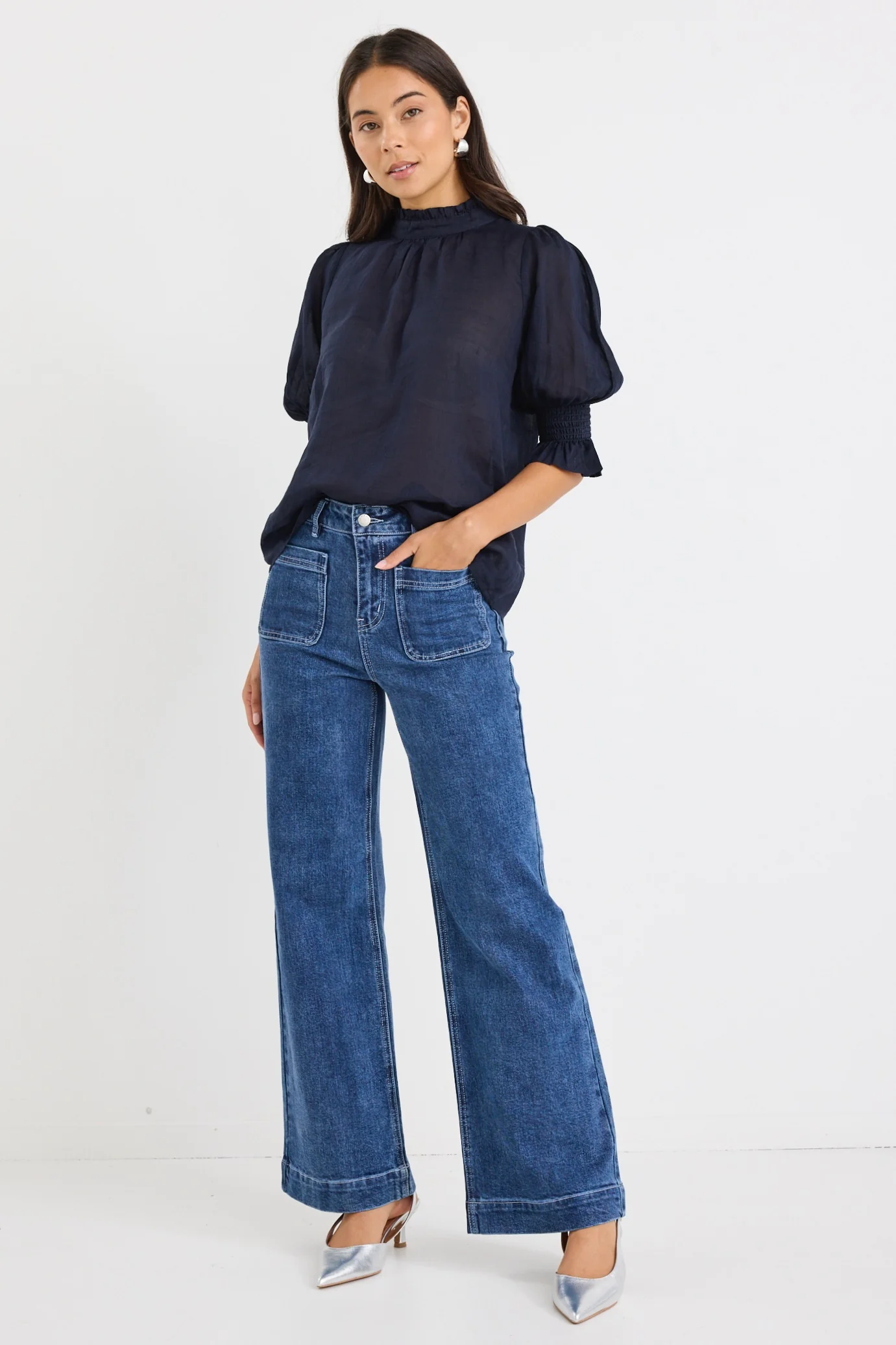 Verse Navy Sheer High Neck Short Sleeve Top - Image 3