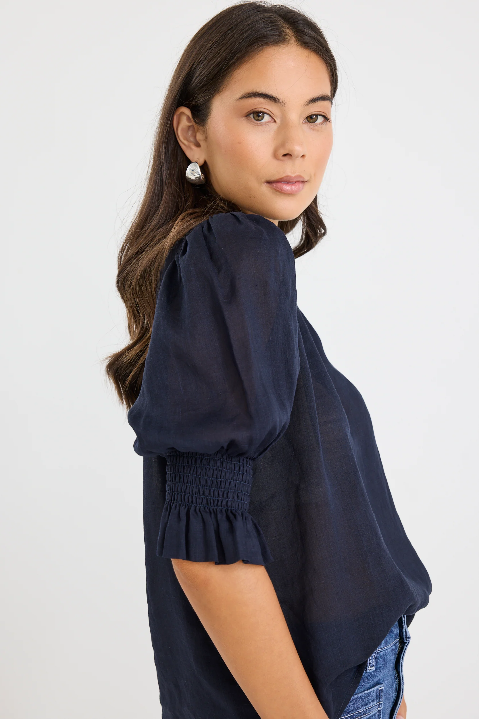 Verse Navy Sheer High Neck Short Sleeve Top - Image 4