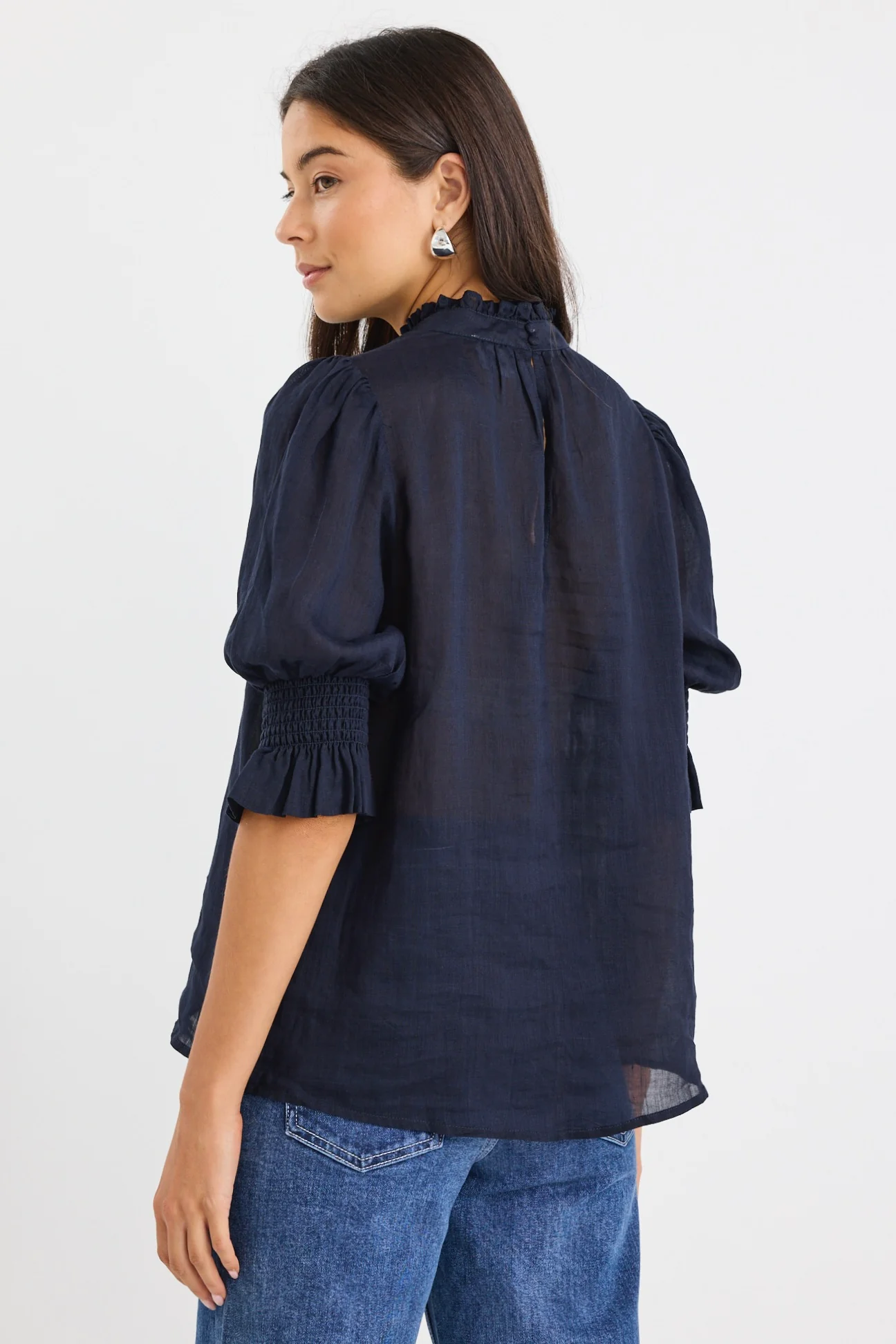 Verse Navy Sheer High Neck Short Sleeve Top - Image 5