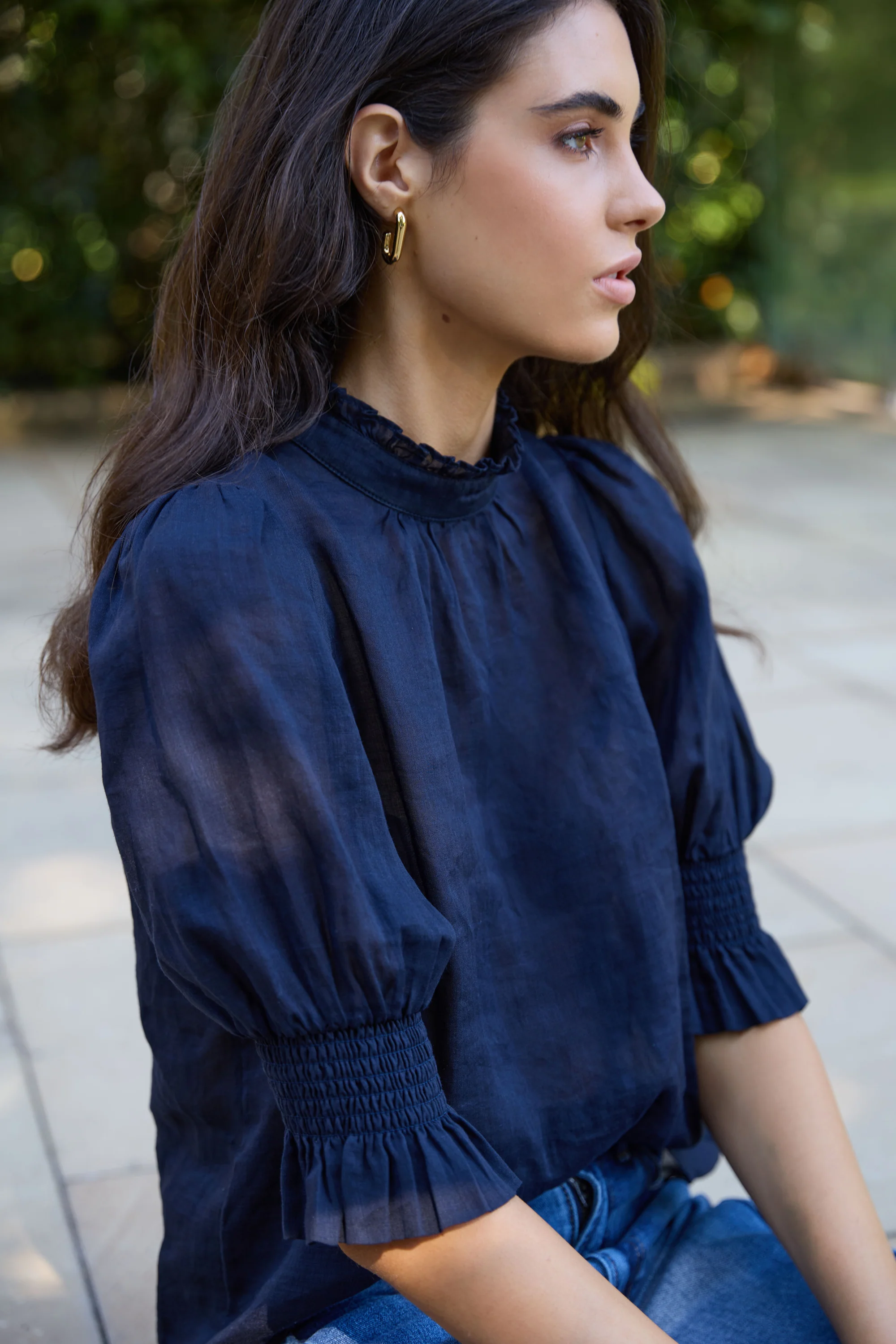 Verse Navy Sheer High Neck Short Sleeve Top - Image 6