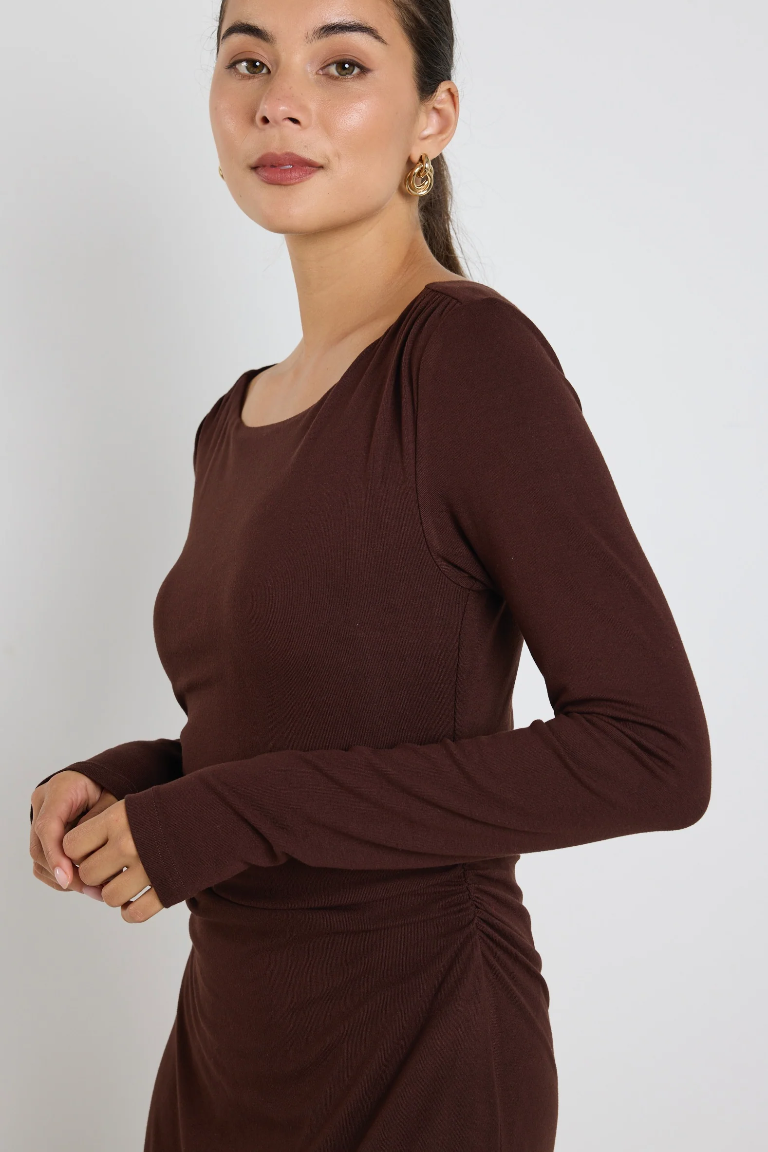 Vertigo Dark Chocolate Jersey LS Midi Dress - Image 2