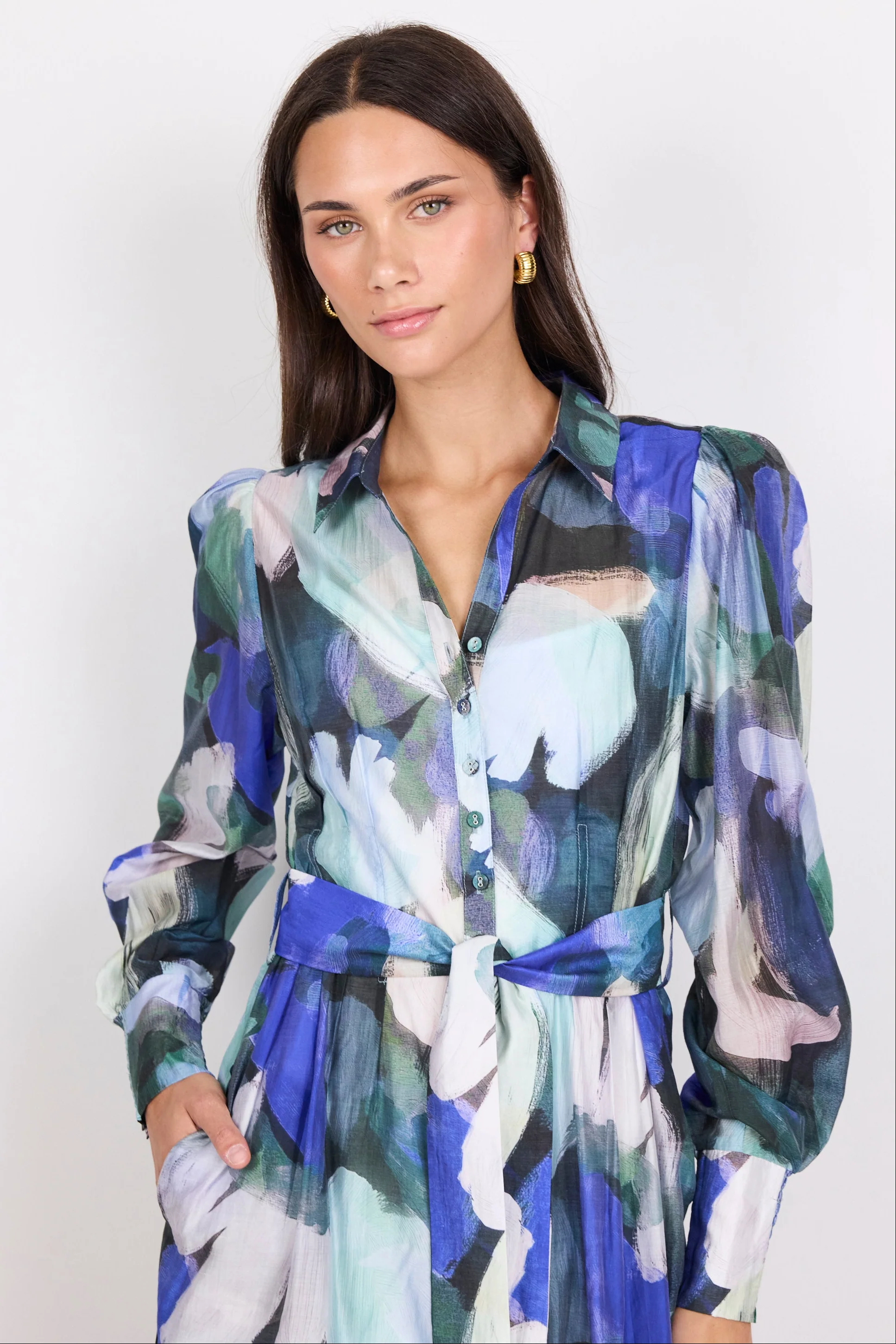 Vesper Blue Abstract Print Long Sleeve Maxi Shirt Dress - Image 2