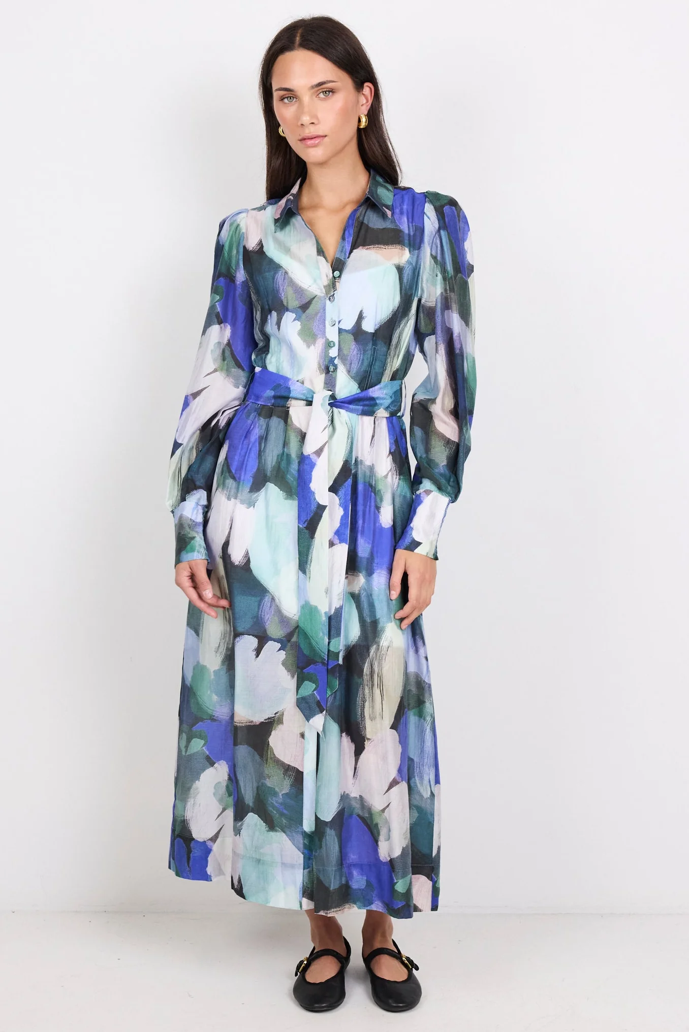 Vesper Blue Abstract Print Long Sleeve Maxi Shirt Dress - Image 3