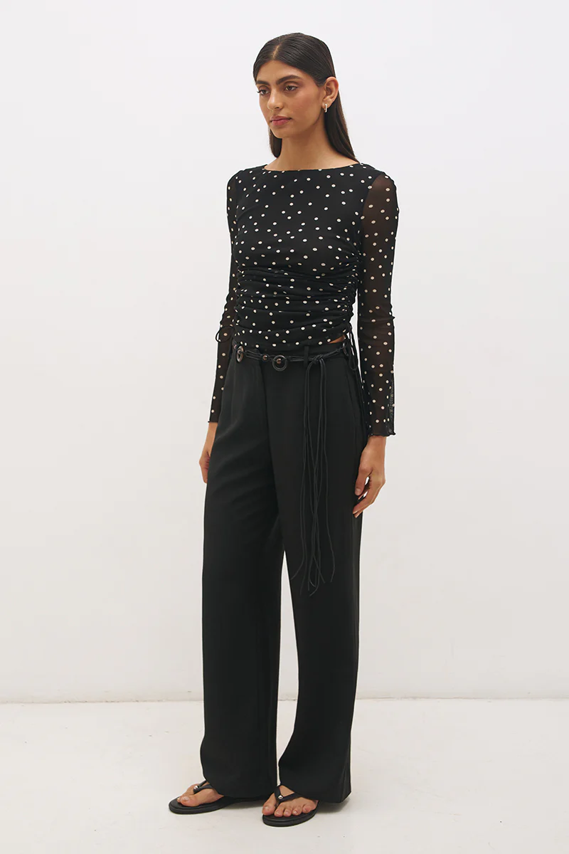 Vesper Black Polka Dot Side Gather Mesh LS Top - Image 3