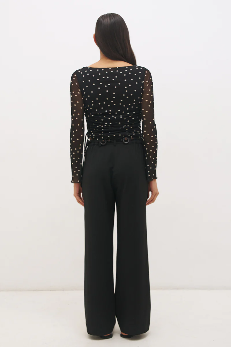 Vesper Black Polka Dot Side Gather Mesh LS Top - Image 4