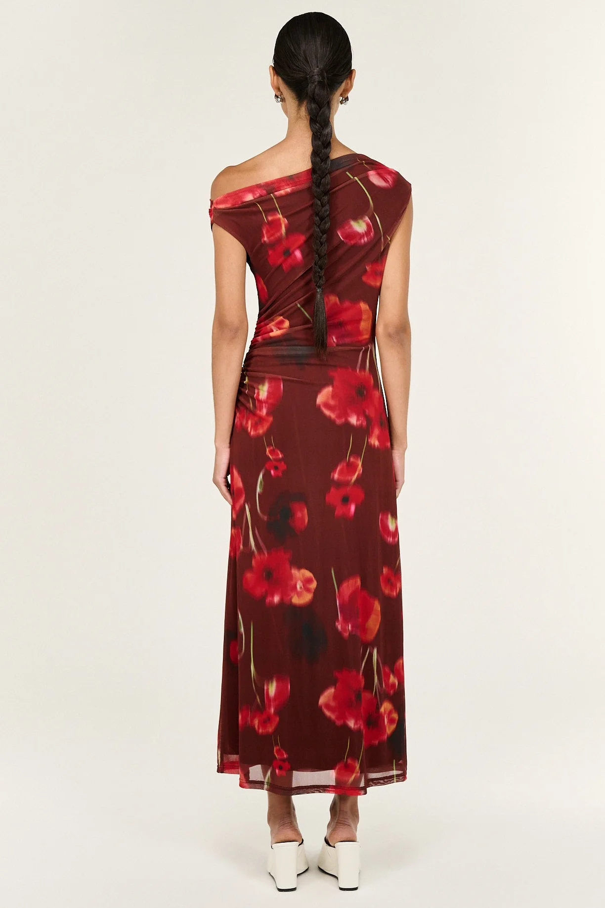 Vivi Chocolate Floral Asym Off Shoulder Mesh Midi Dress - Image 4
